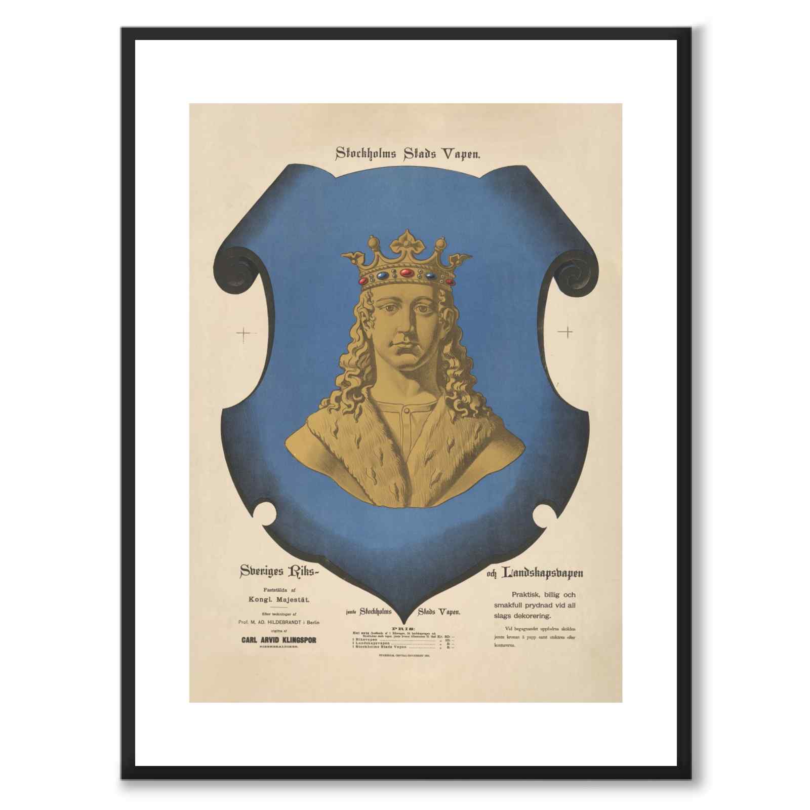 The Coat of Arms of Stockholm as a vintage illustration and poster from Historly – with white border without title