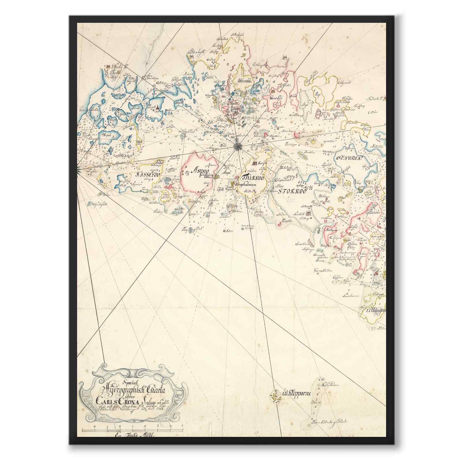 Charta öfwer Carlscrona som vintageillustration och poster från Historly – helbild utan vit kant