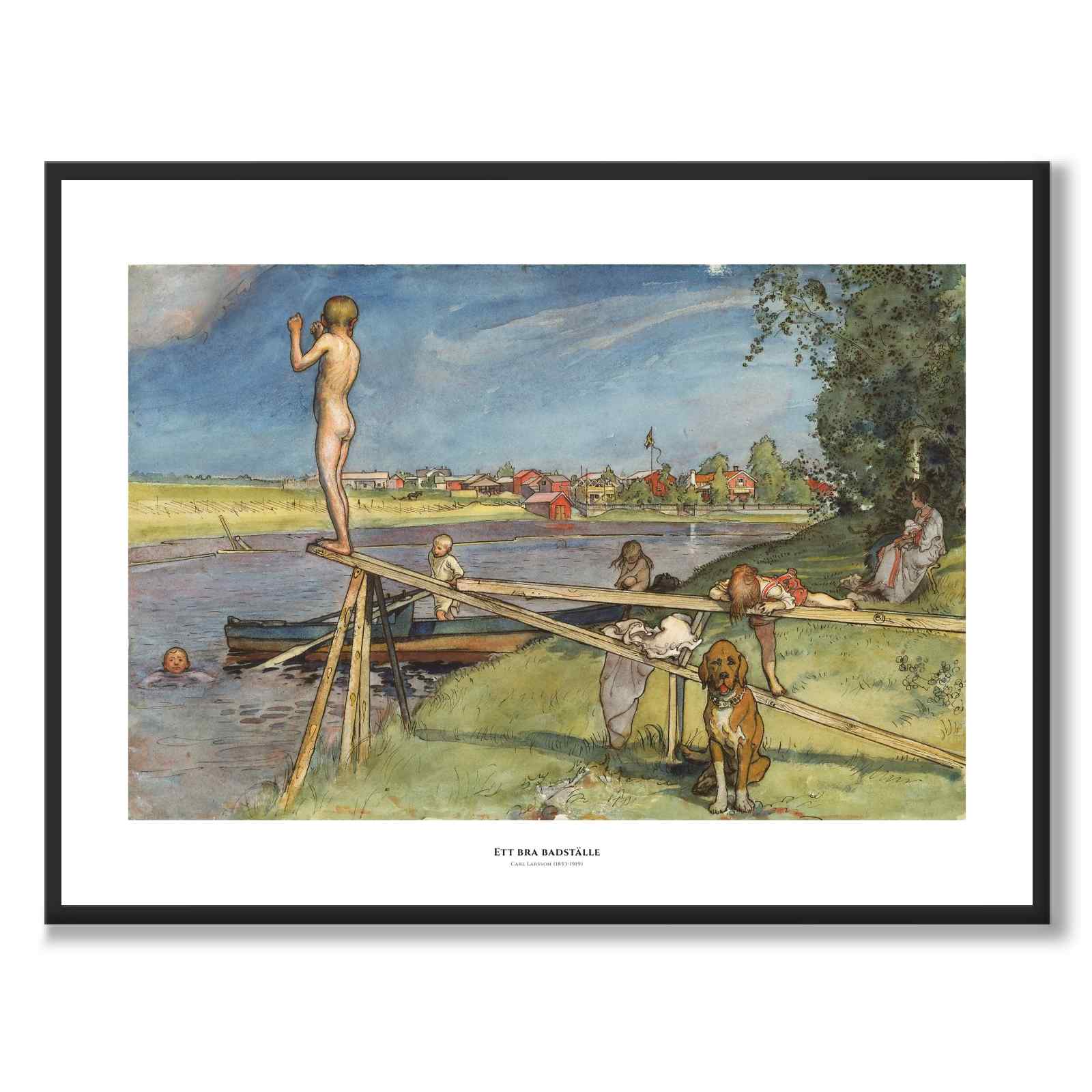 Ett Bra Badställe av Carl Larsson som konstposter från Historly – med vit kant och titel