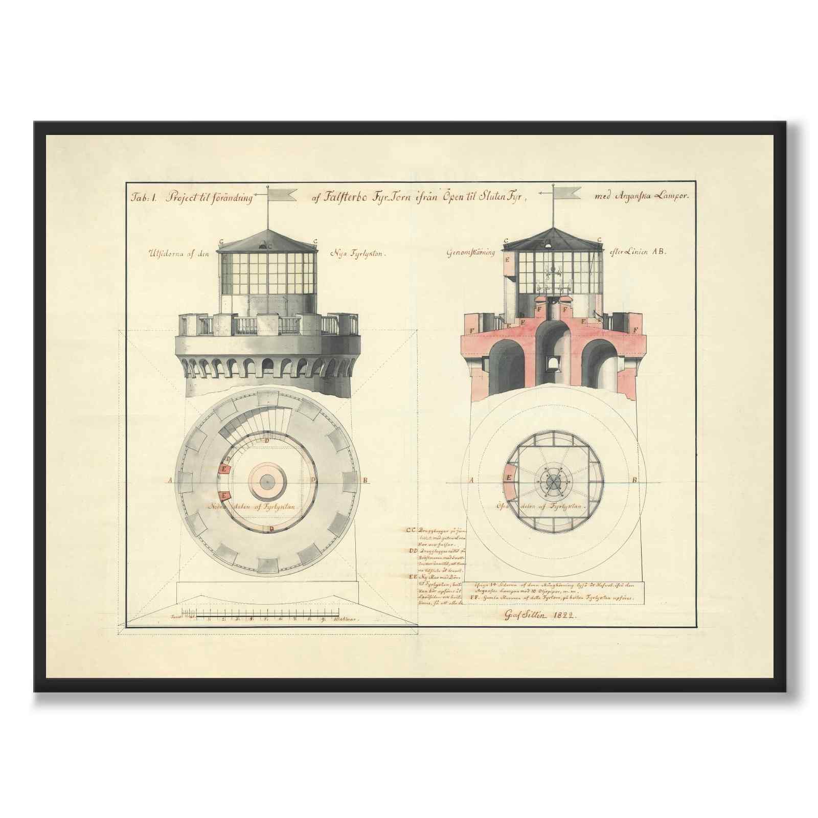 Falsterbo Lighthouse 1822 as a vintage illustration and poster from Historly – full image without white border