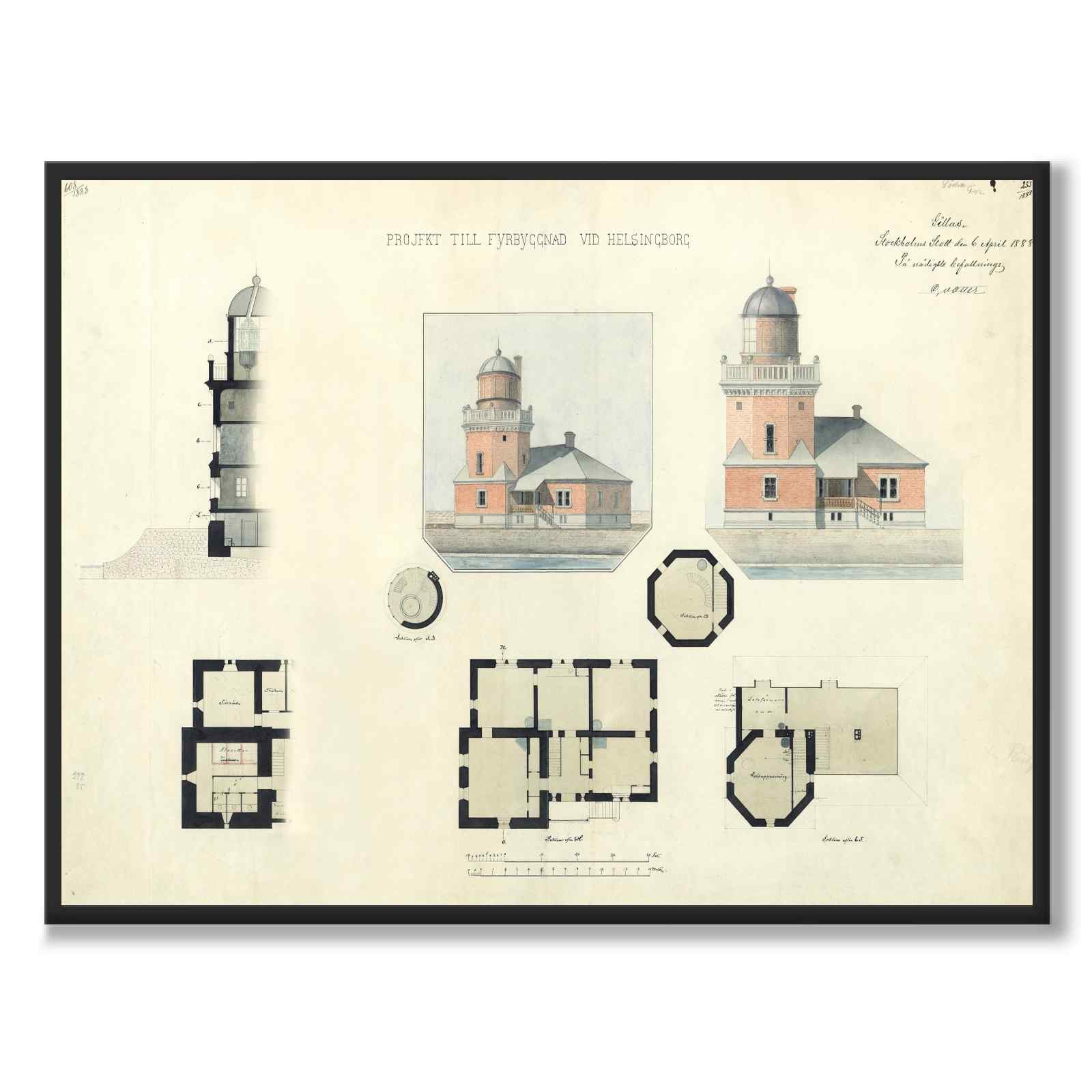 Helsingborg Lighthouse 1888 as a vintage illustration and poster from Historly – full image without white border