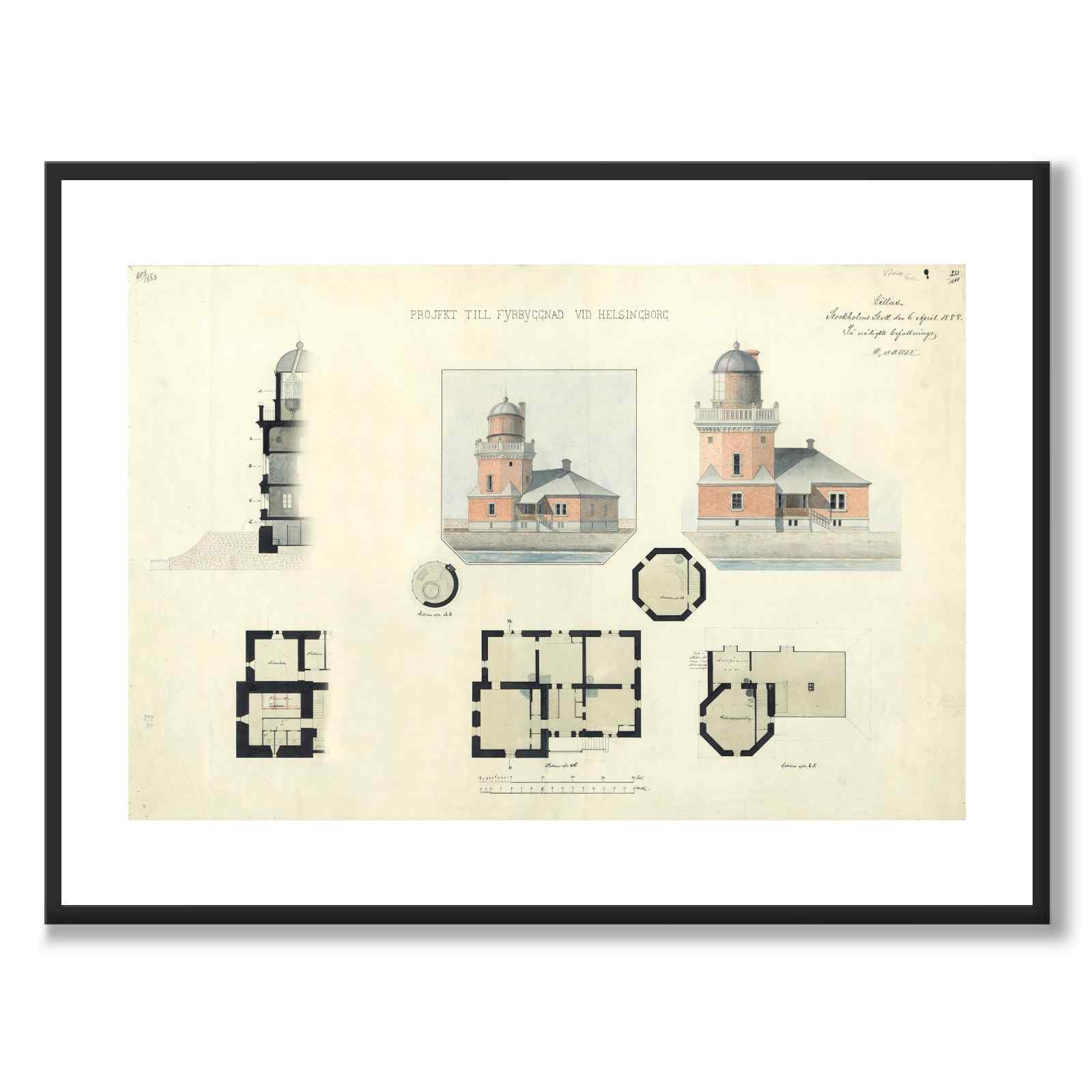 Helsingborg Lighthouse 1888 as a vintage illustration and poster from Historly – with white border without title