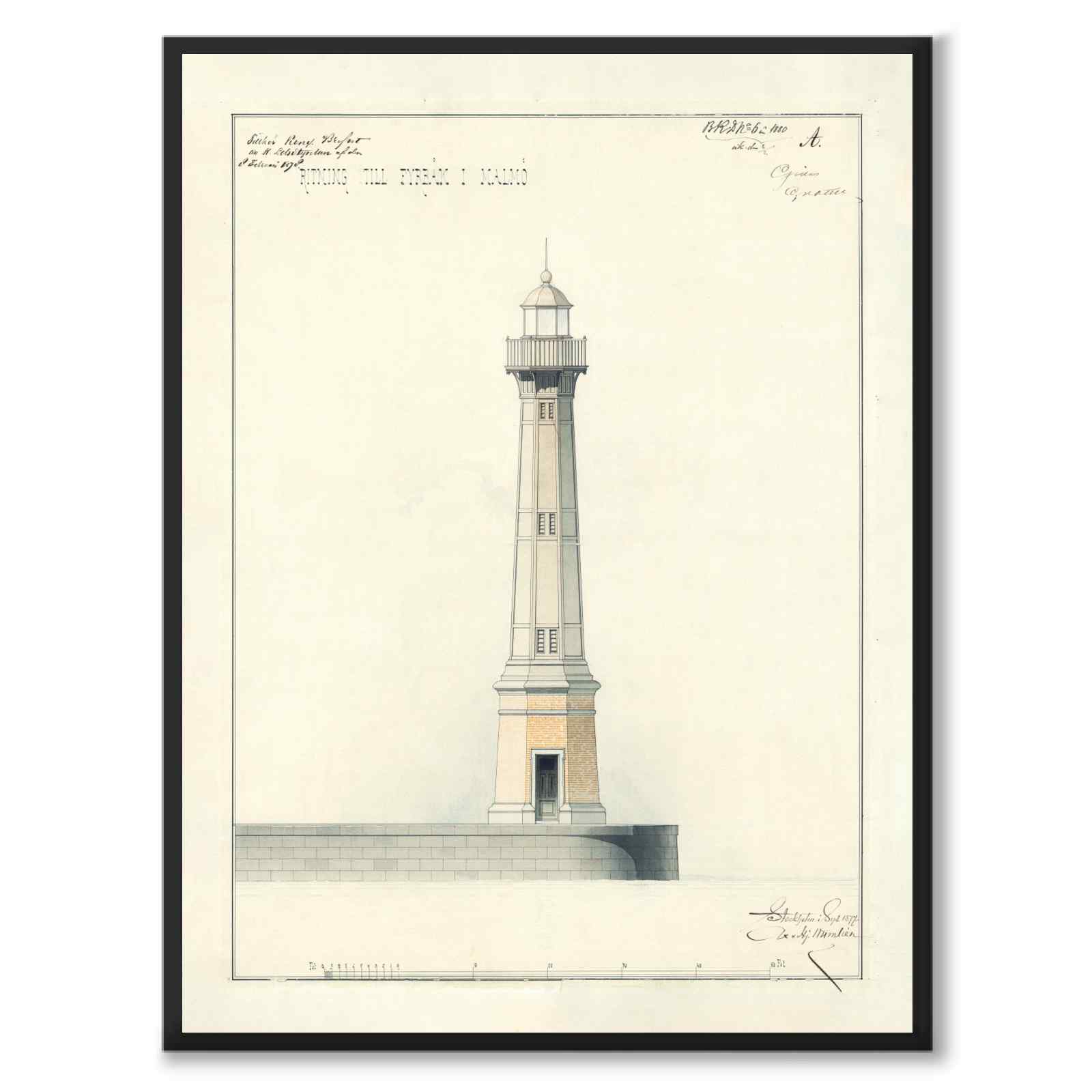 Malmö lighthouse beacon 1880 as a vintage illustration and poster from Historly – full image without white border