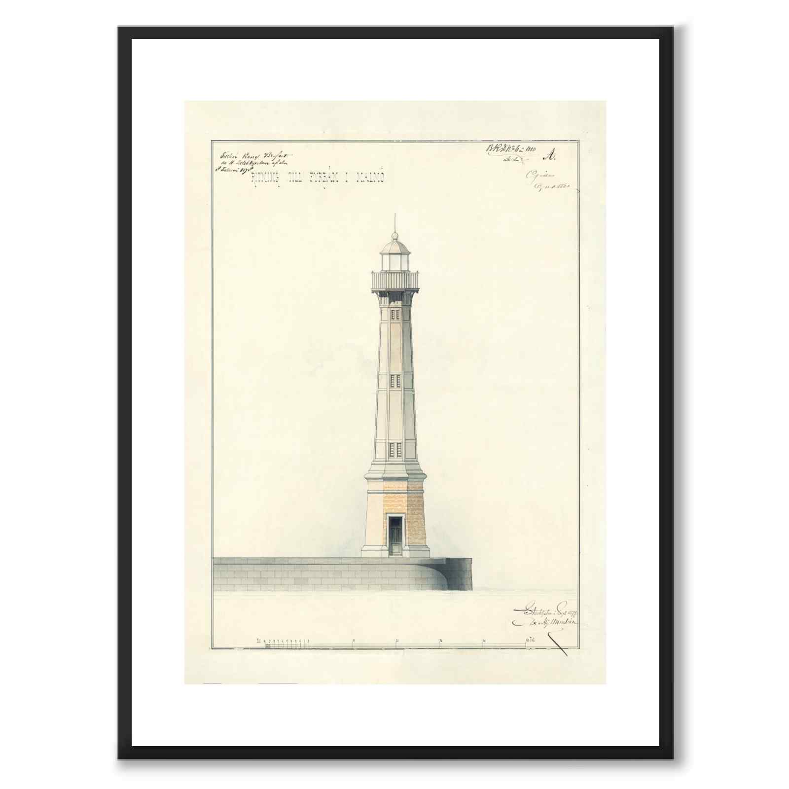 Malmö lighthouse beacon 1880 as a vintage illustration and poster from Historly – with white border and without title