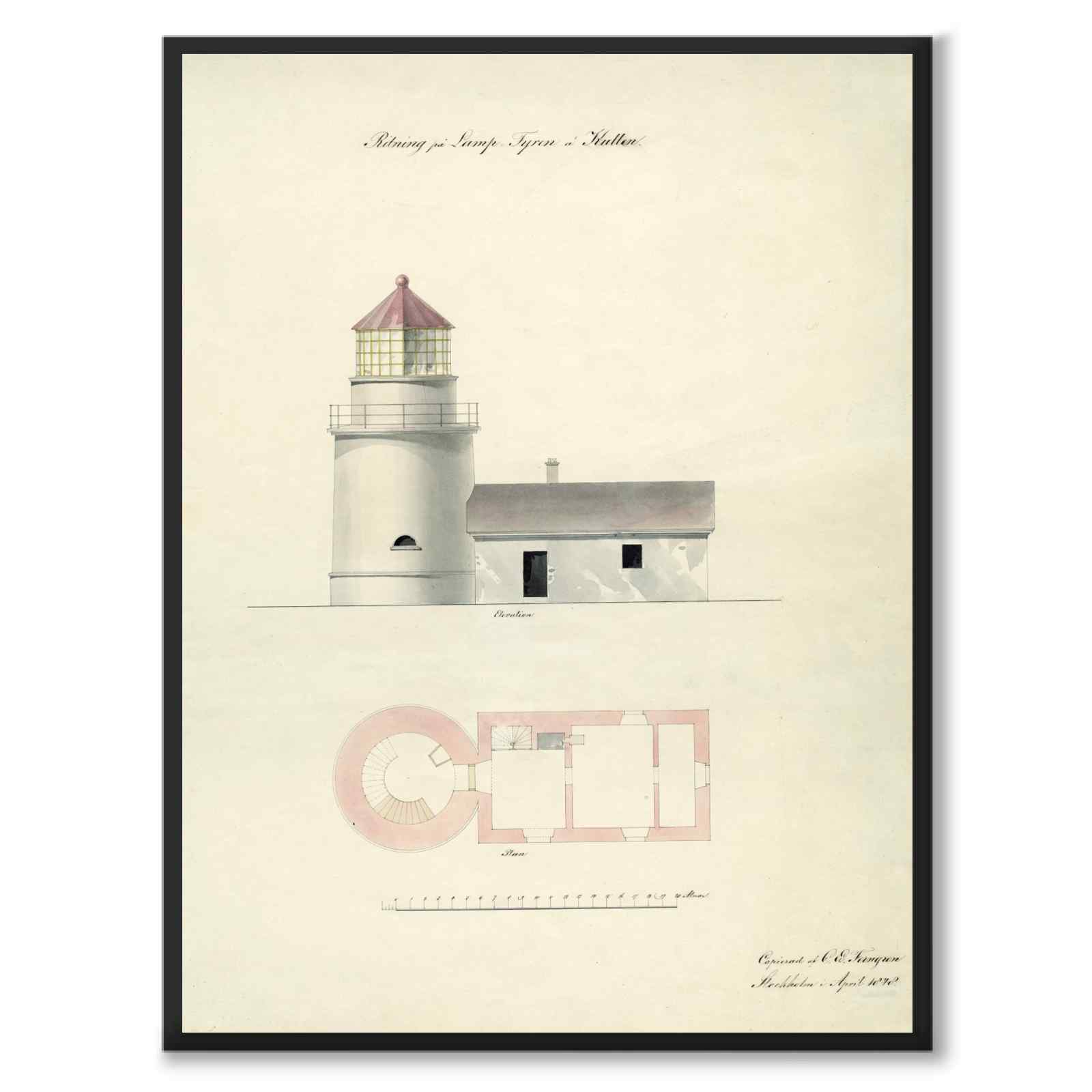 Kullens Fyr 1848 som vintageillustration och poster från Historly – helbild utan vit kant