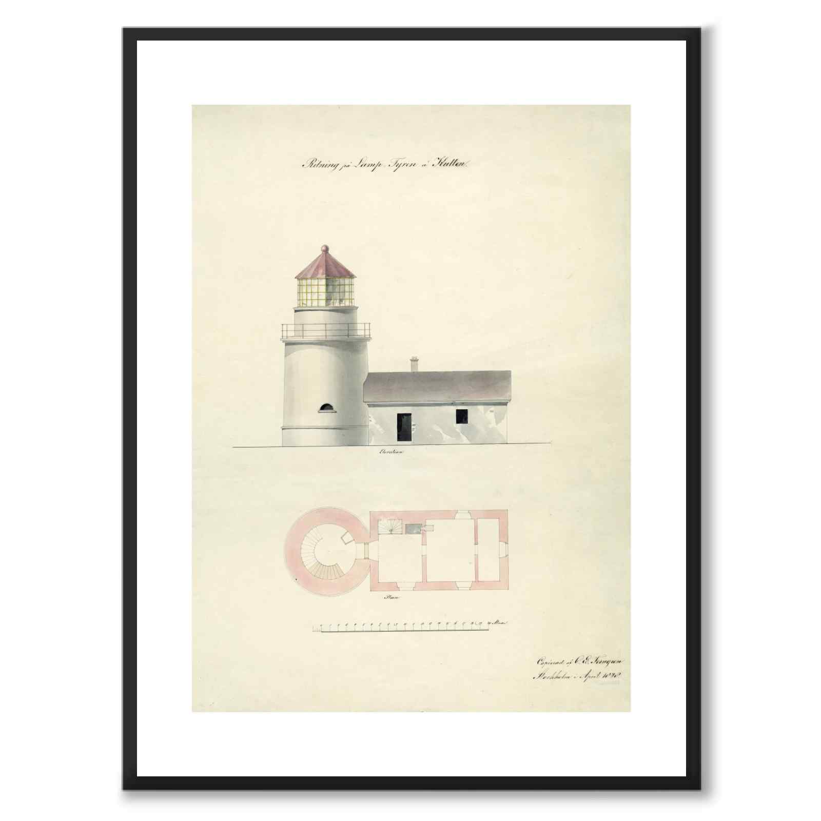 Kullens Fyr 1848 som vintageillustration och poster från Historly – med vit kant utan titel