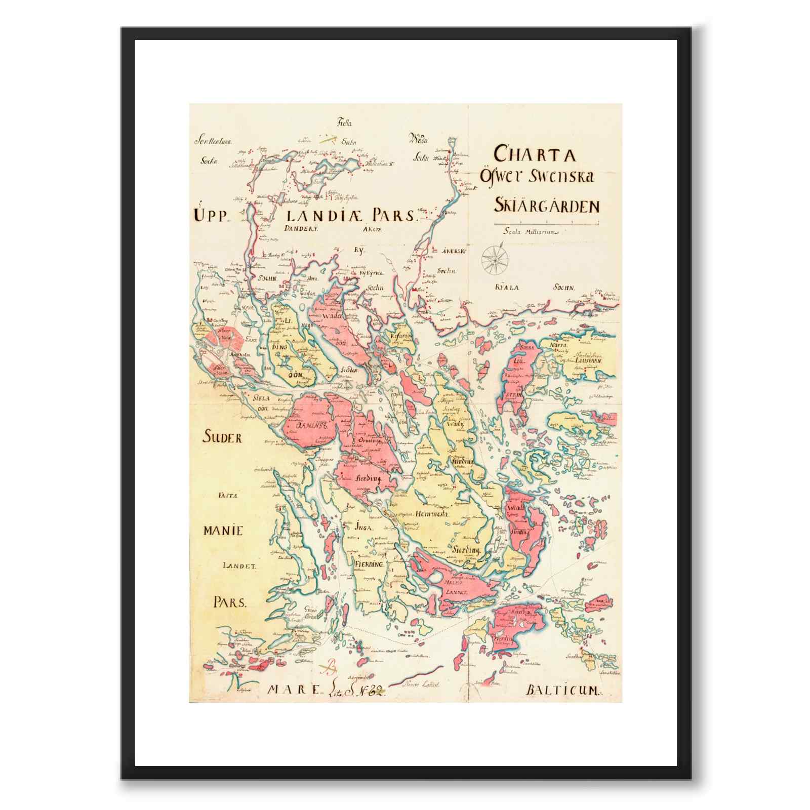 Charta öfwer Swenska skiärgården som vintageillustration och poster från Historly – med vit kant utan titel