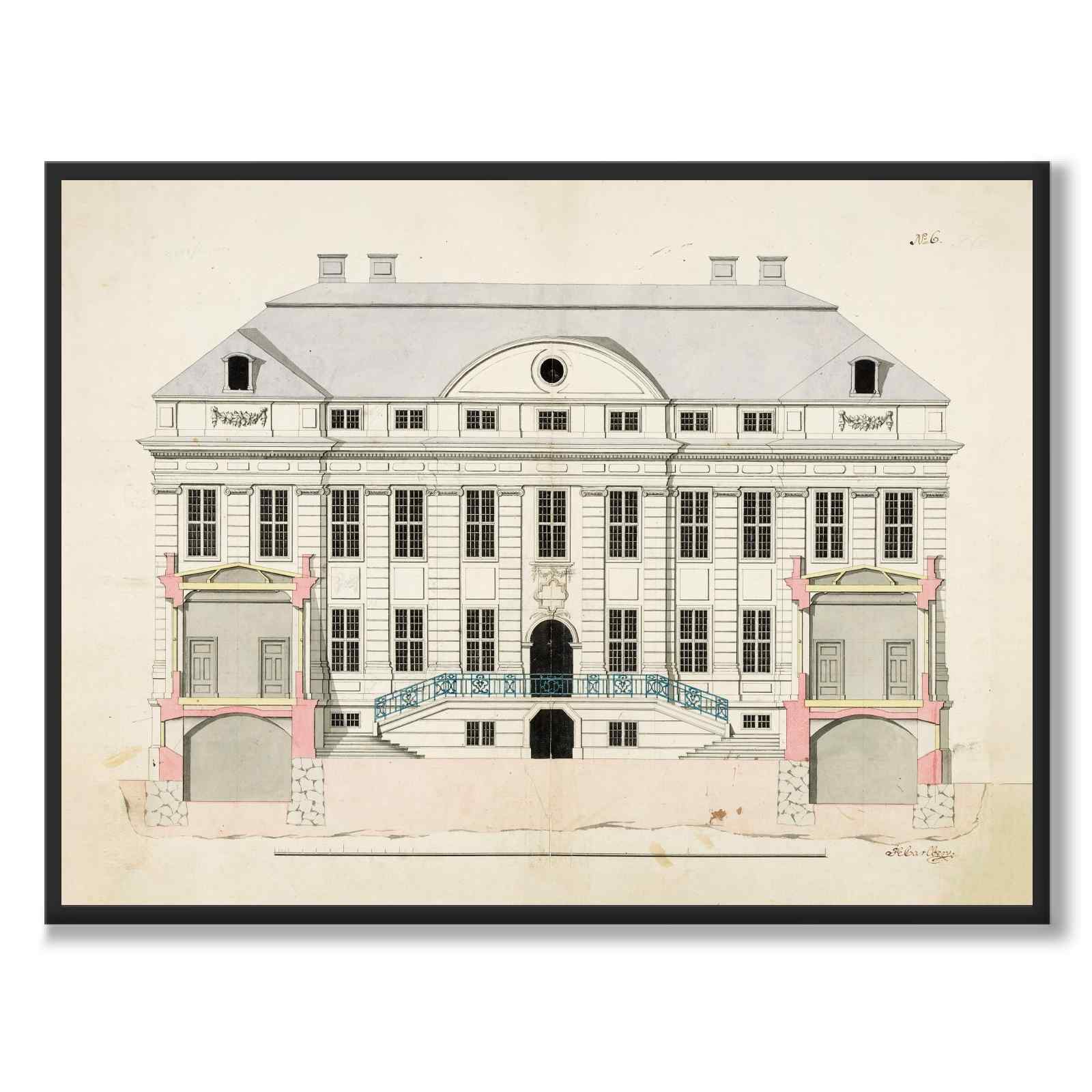 Rådhuset 1729 som vintageillustration och poster från Historly – helbild utan vit kant