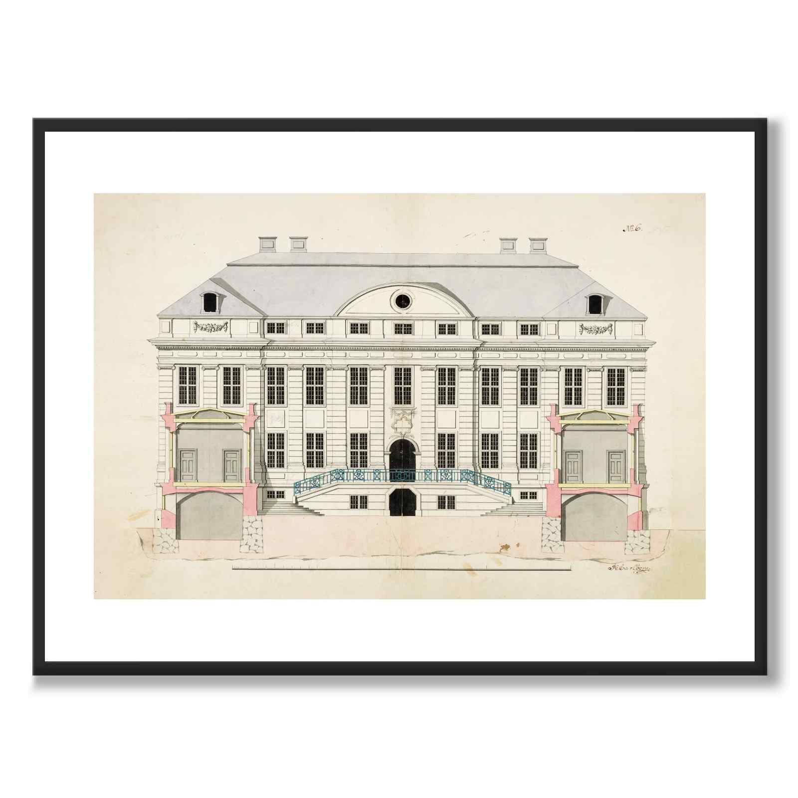 Rådhuset 1729 som vintageillustration och poster från Historly – med vit kant utan titel
