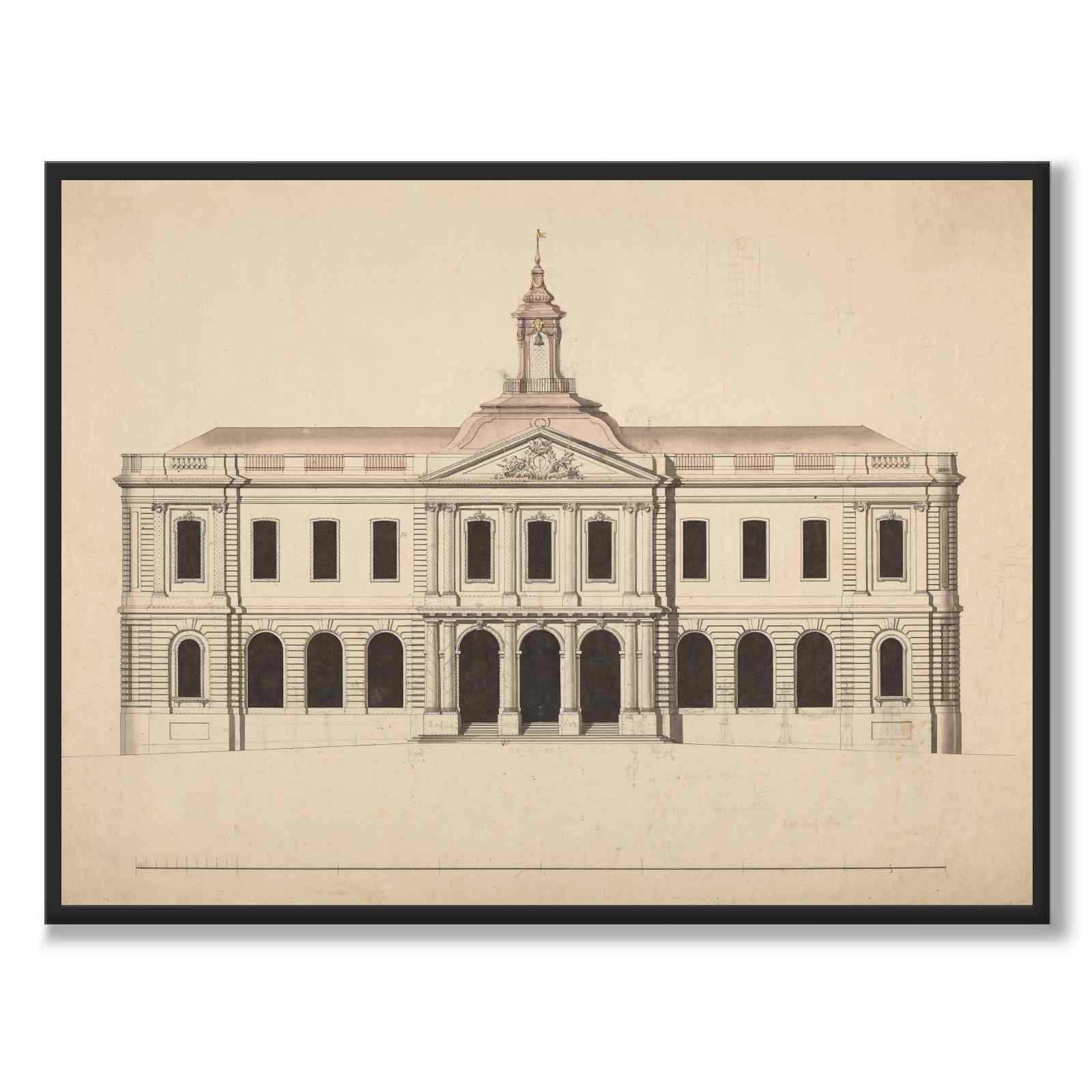 Börshuset 1776 som vintageillustration och poster från Historly – helbild utan vit kant