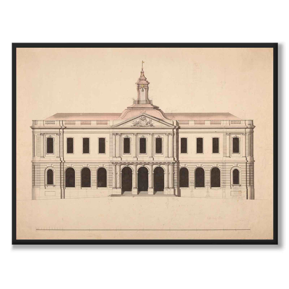 Börshuset 1776 som vintageillustration och poster från Historly – helbild utan vit kant