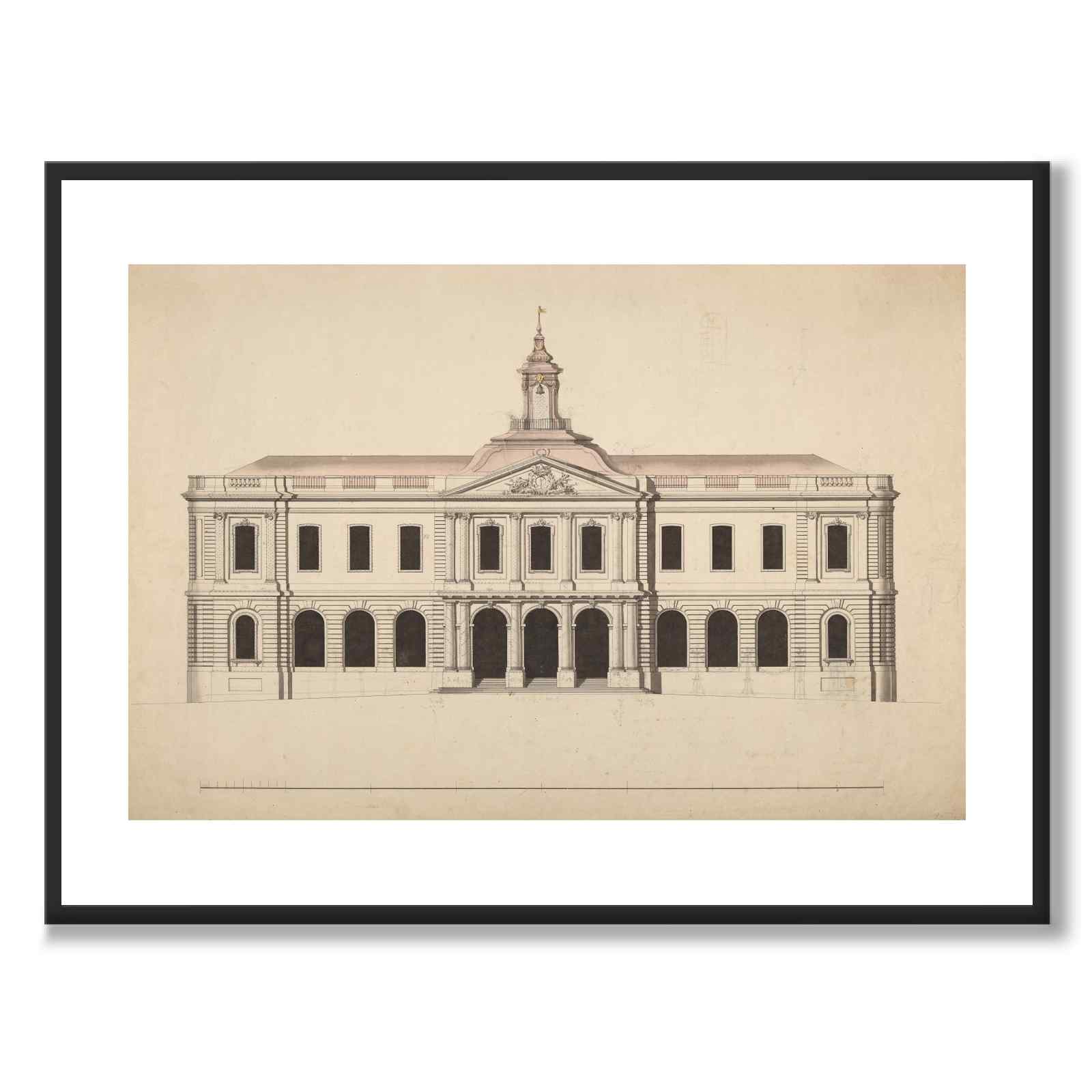 Börshuset 1776 som vintageillustration och poster från Historly – med vit kant utan titel
