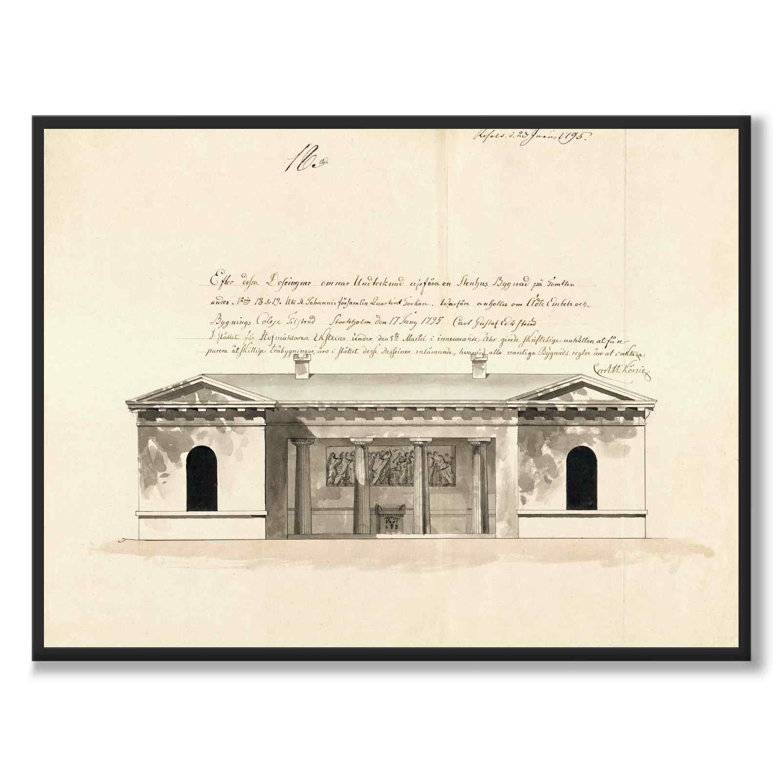 Regeringsgatan 1795 som vintageillustration och poster från Historly – helbild utan vit kant
