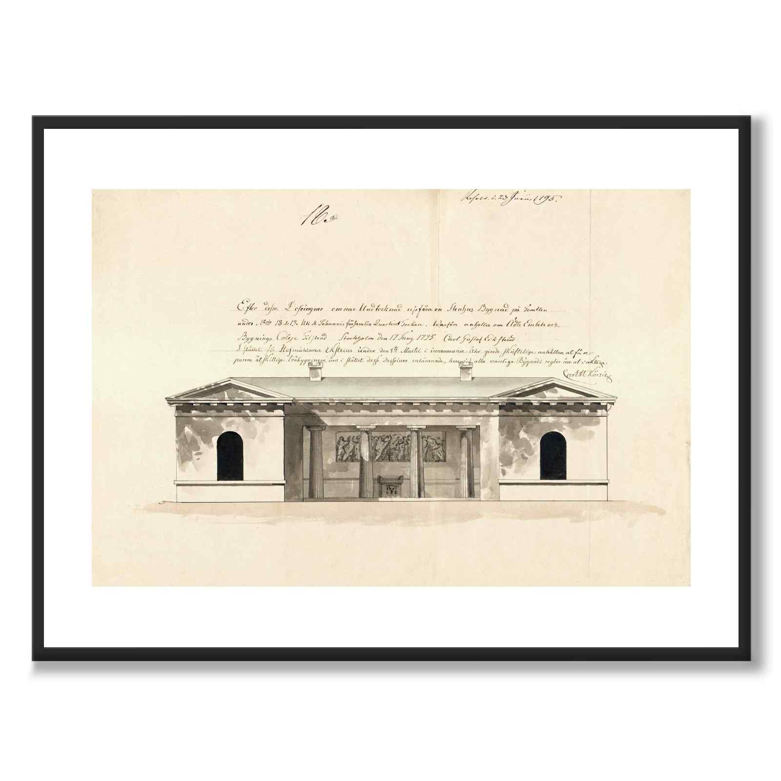 Regeringsgatan 1795 som vintageillustration och poster från Historly – med vit kant utan titel