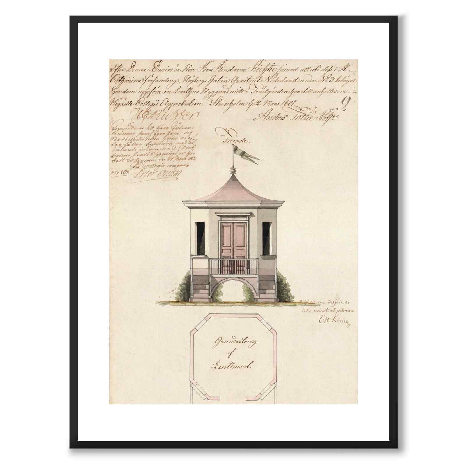 Högbergsgatan 3 som vintageillustration och poster från Historly – med vit kant utan titel