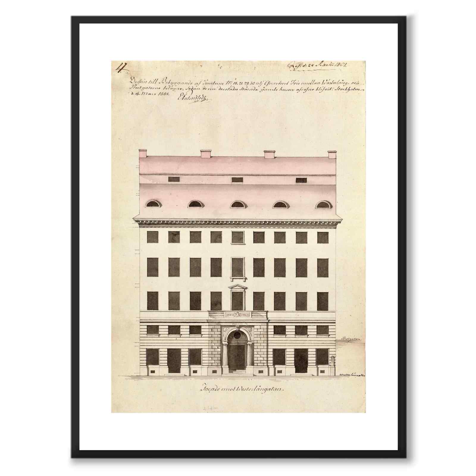 Västerlånggatan 27 as a vintage illustration and poster from Historly – with white border and without title