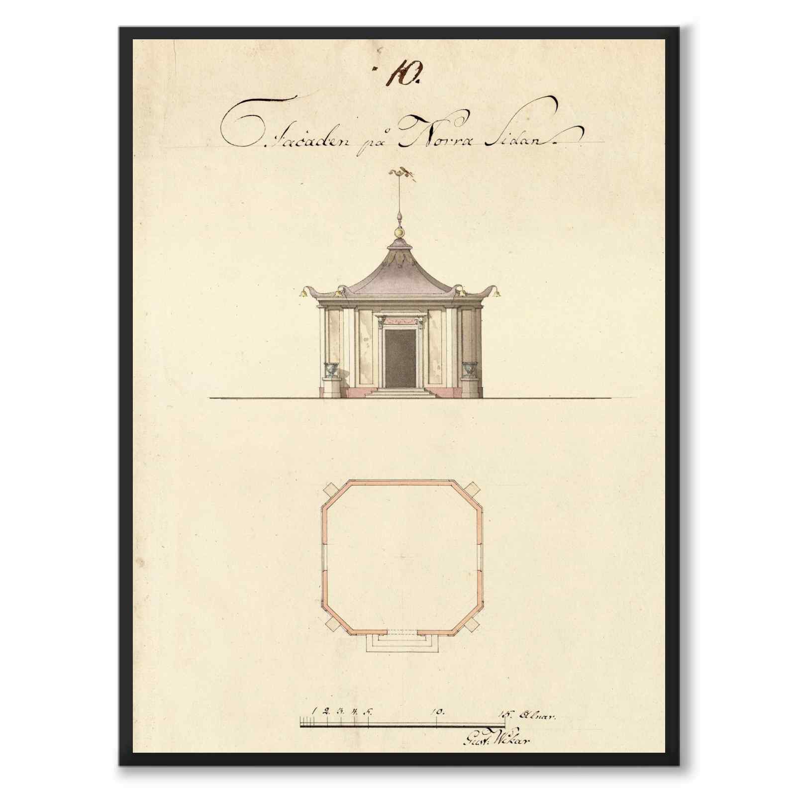Paviljong 1791 som vintageillustration och poster från Historly – helbild utan vit kant