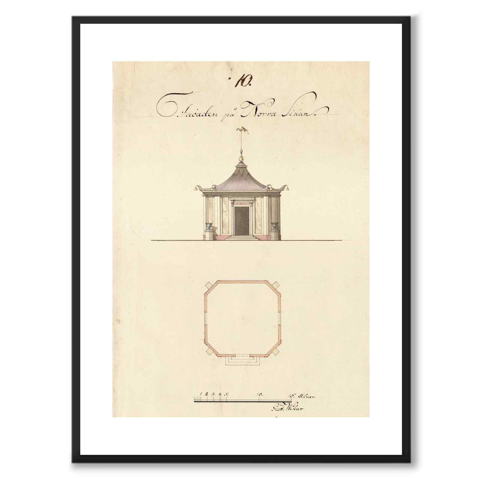 Paviljong 1791 som vintageillustration och poster från Historly – med vit kant utan titel