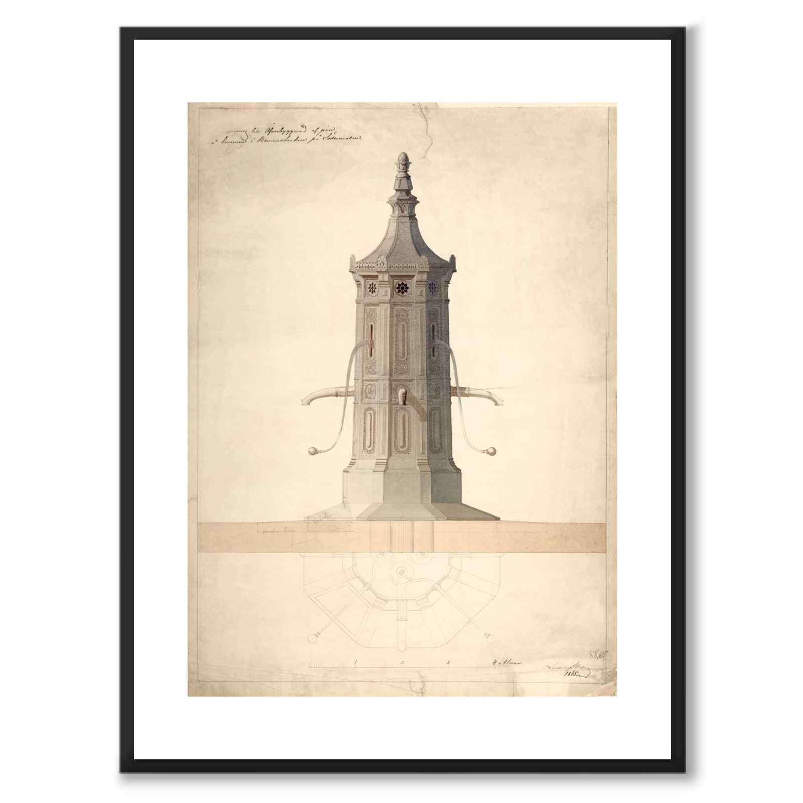 Brunnsbacken, Södermalm 1863 som vintageillustration och poster från Historly – med vit kant utan titel