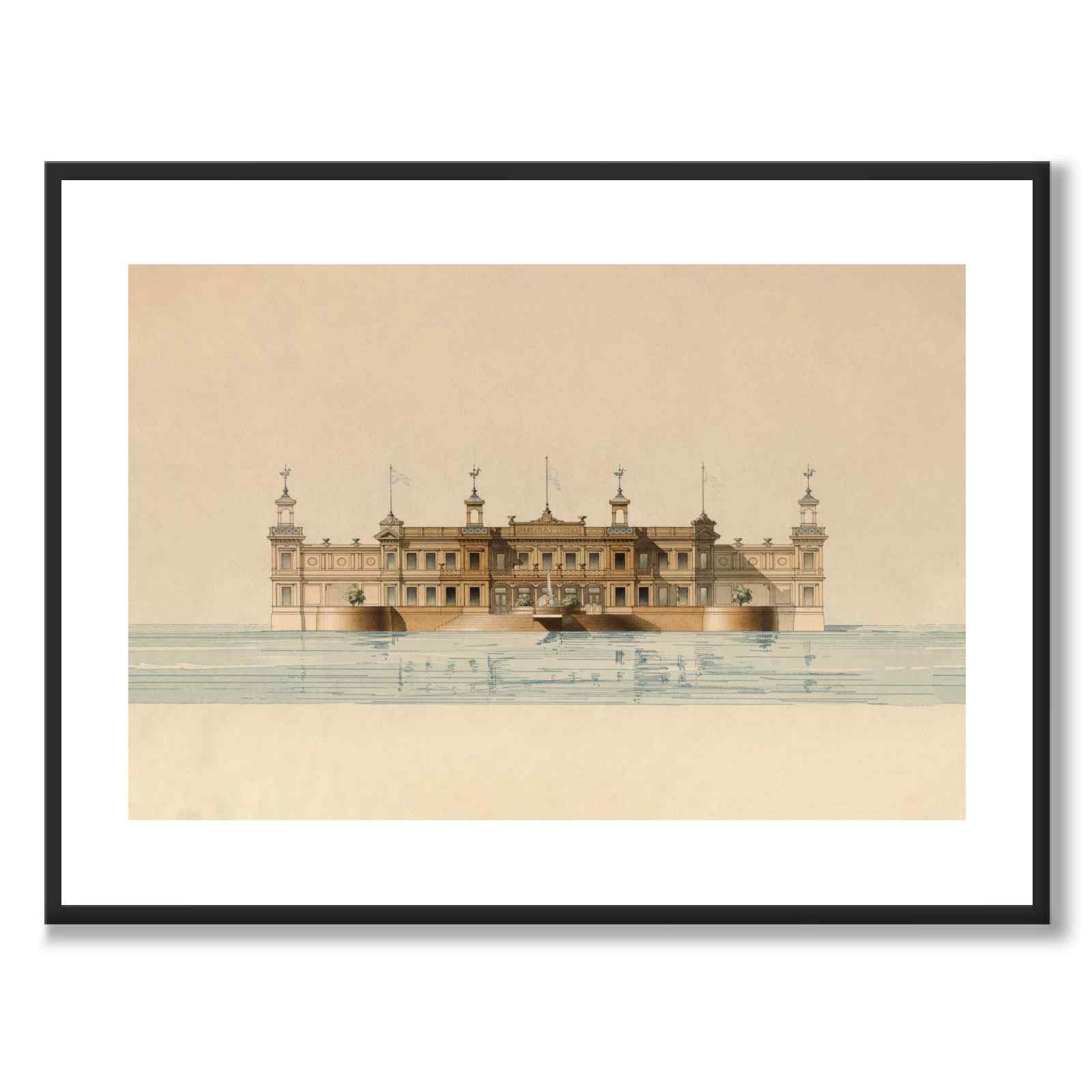 Strömbadet 1882 som vintageillustration och poster från Historly – med vit kant utan titel