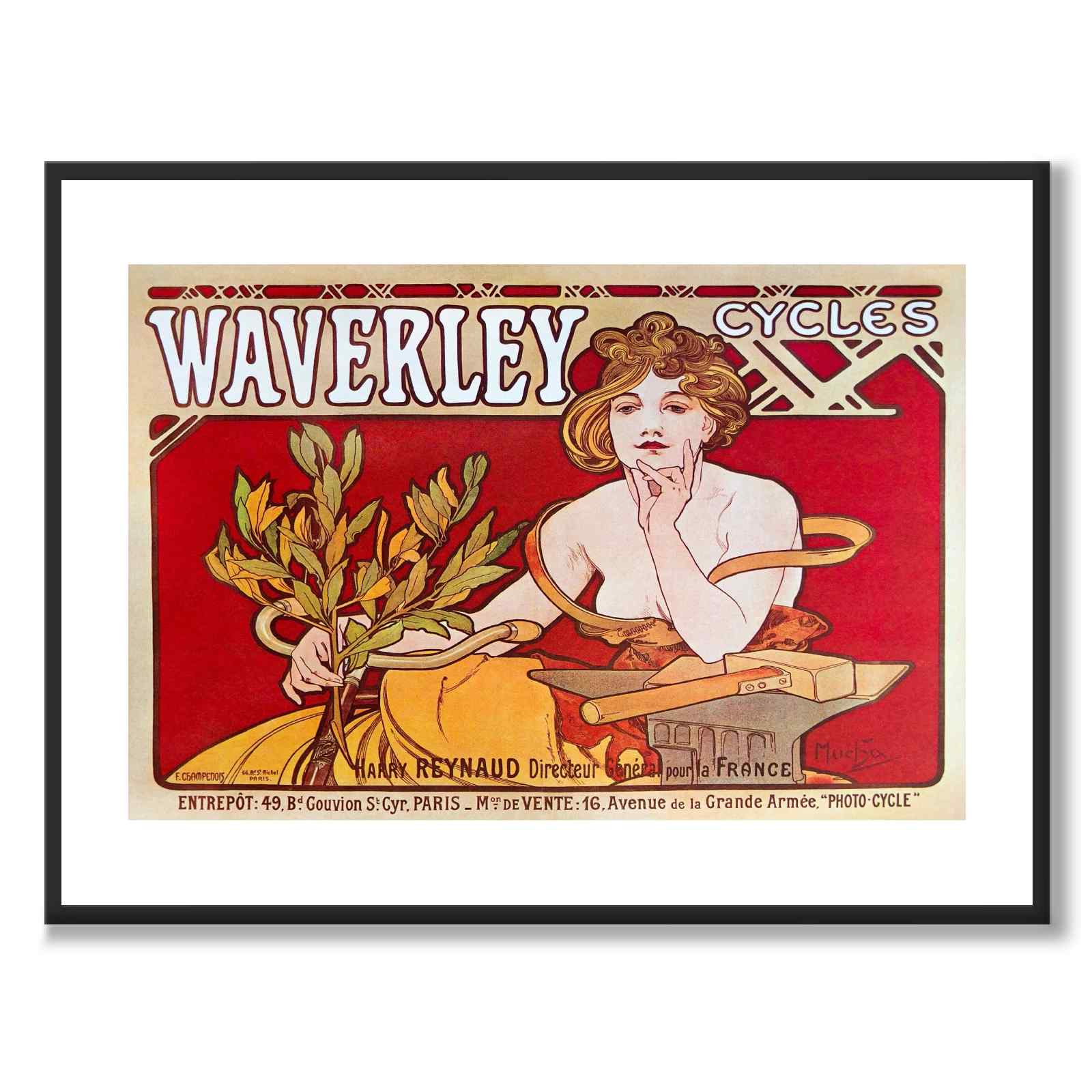 Waverly Cycles as a vintage illustration and poster from Historly – with white border and without title