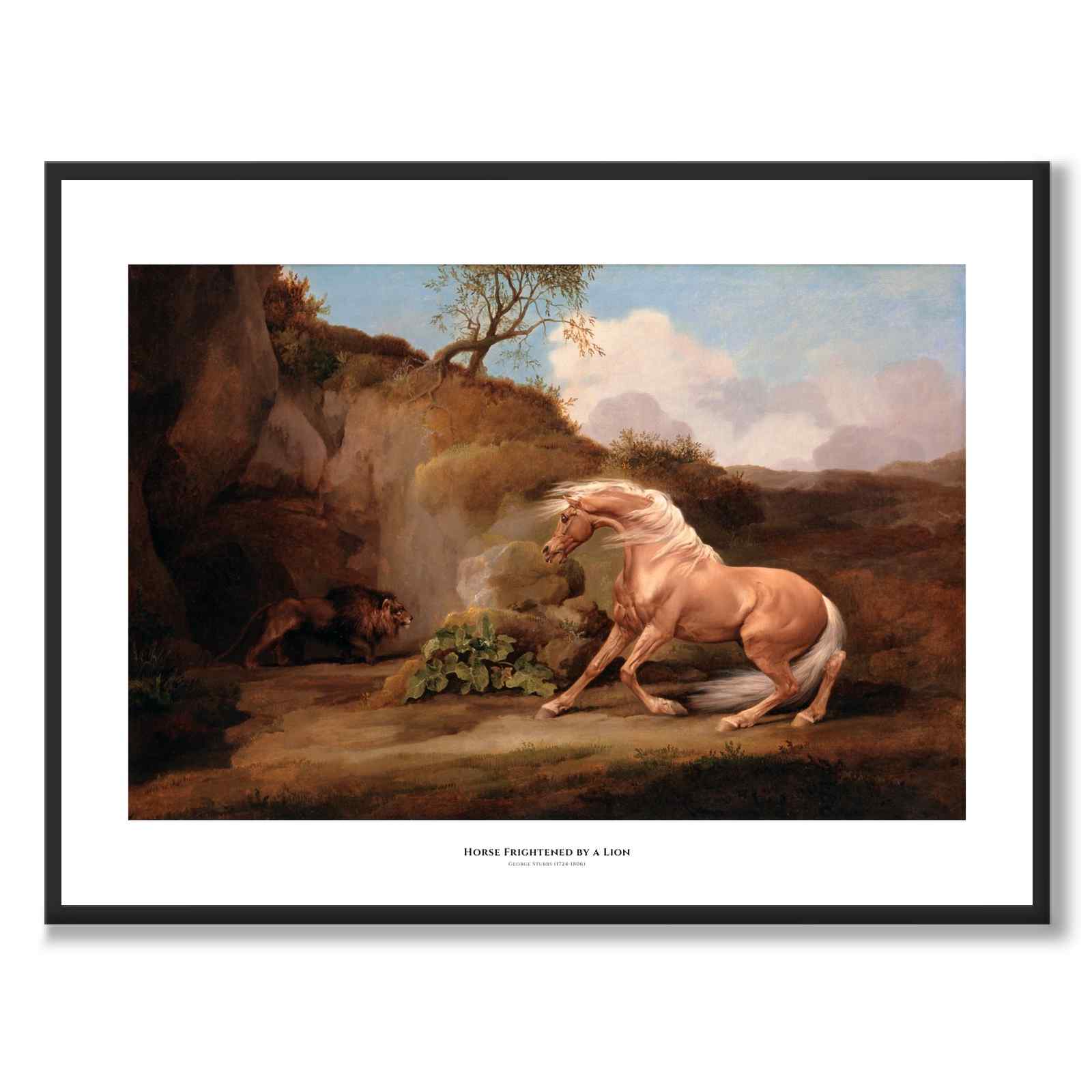 Horse Frightened by a Lion som konstposter från Historly – med vit kant och titel