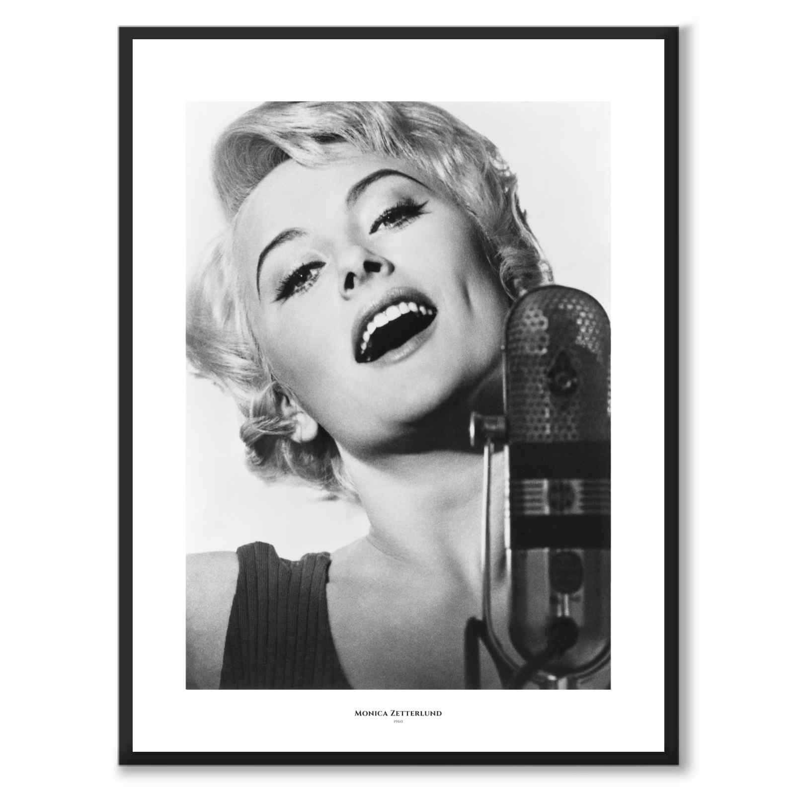 Monica Zetterlund som historiskt fotografi och poster från Historly – med vit kant och titel