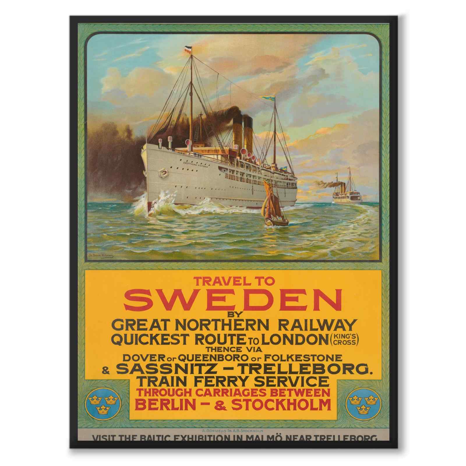 Travel to Sweden as a vintage illustration and poster from Historly – full image without white border