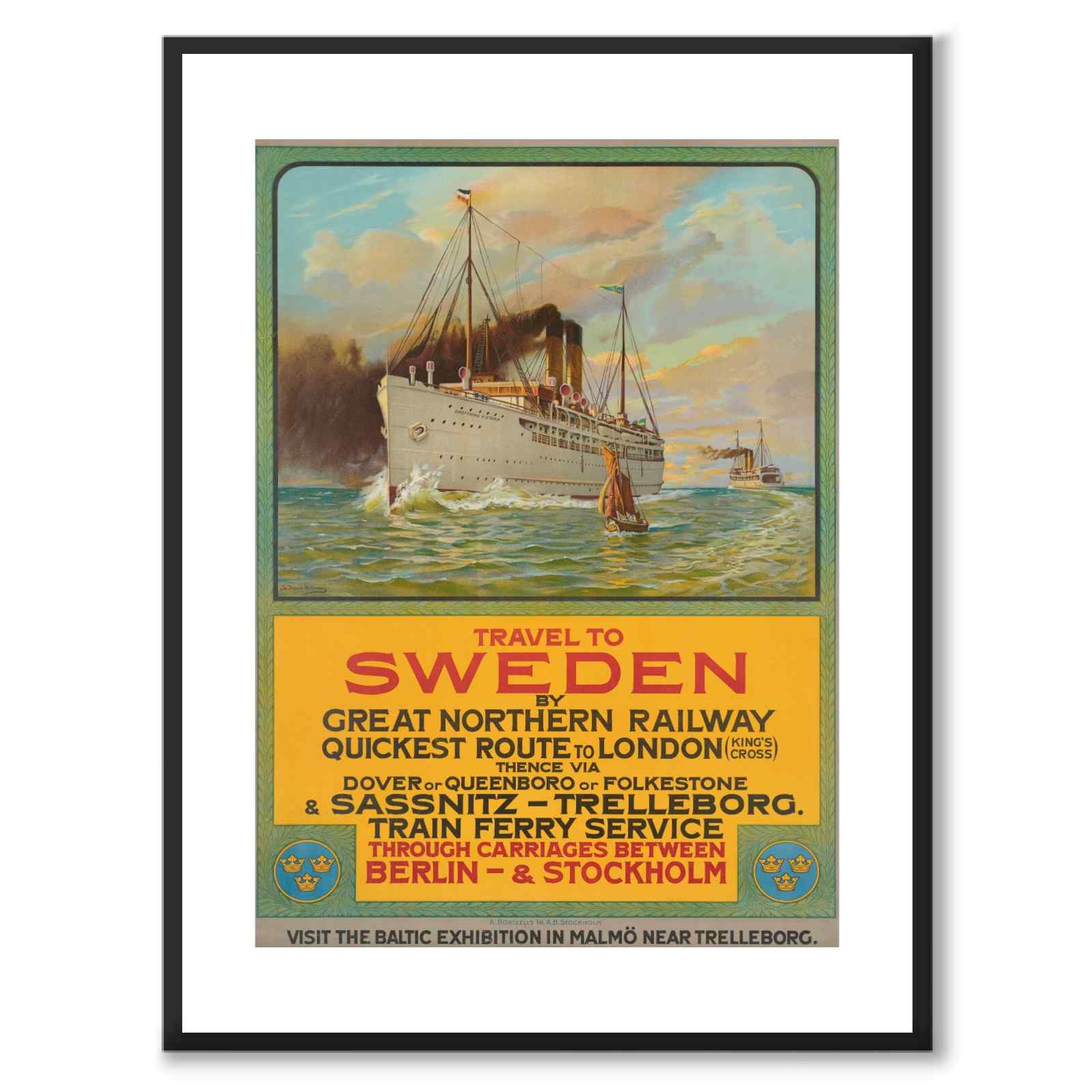 Travel to Sweden as a vintage illustration and poster from Historly – with white border without title