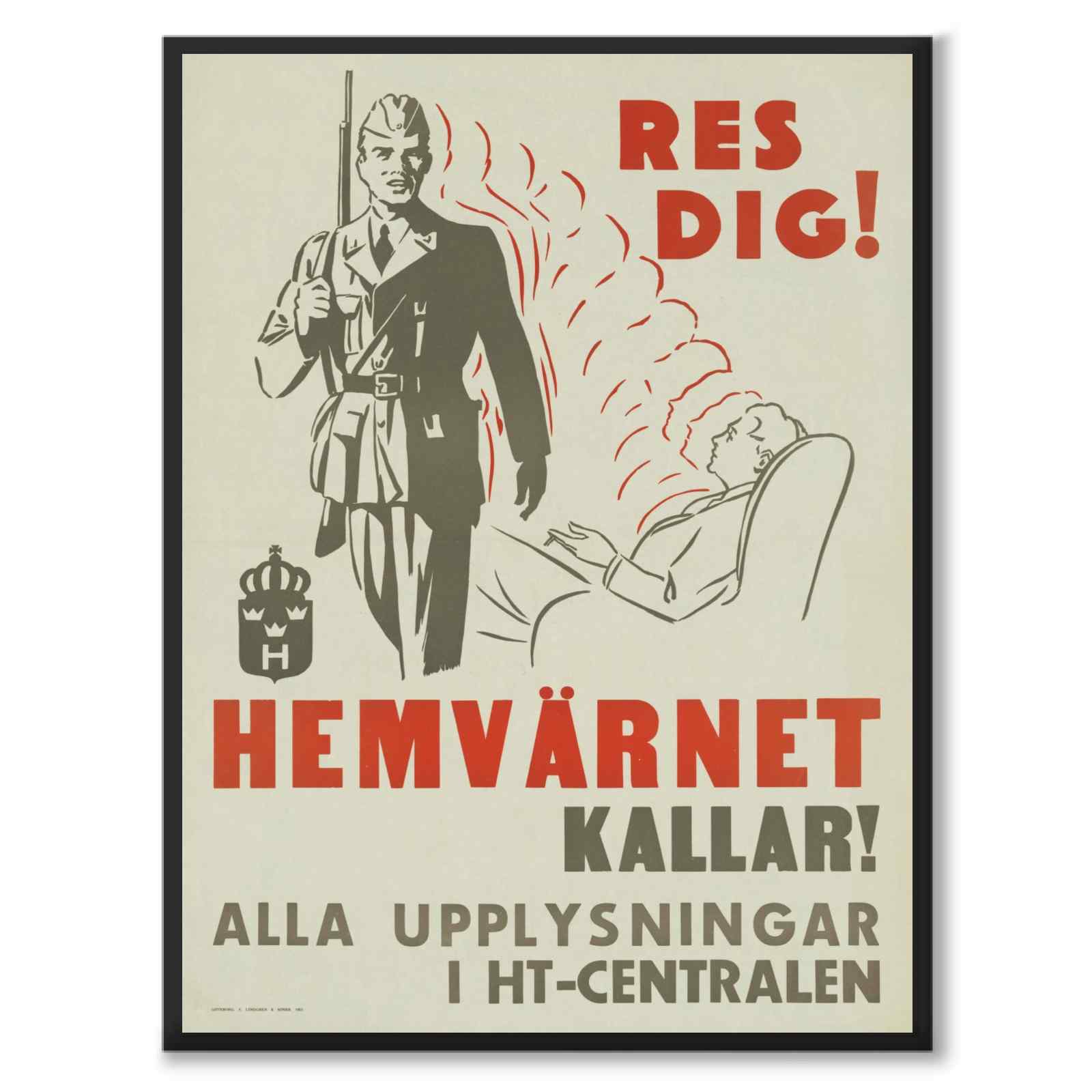 Hemvärnet kallar som vintageillustration och poster från Historly – helbild utan vit kant