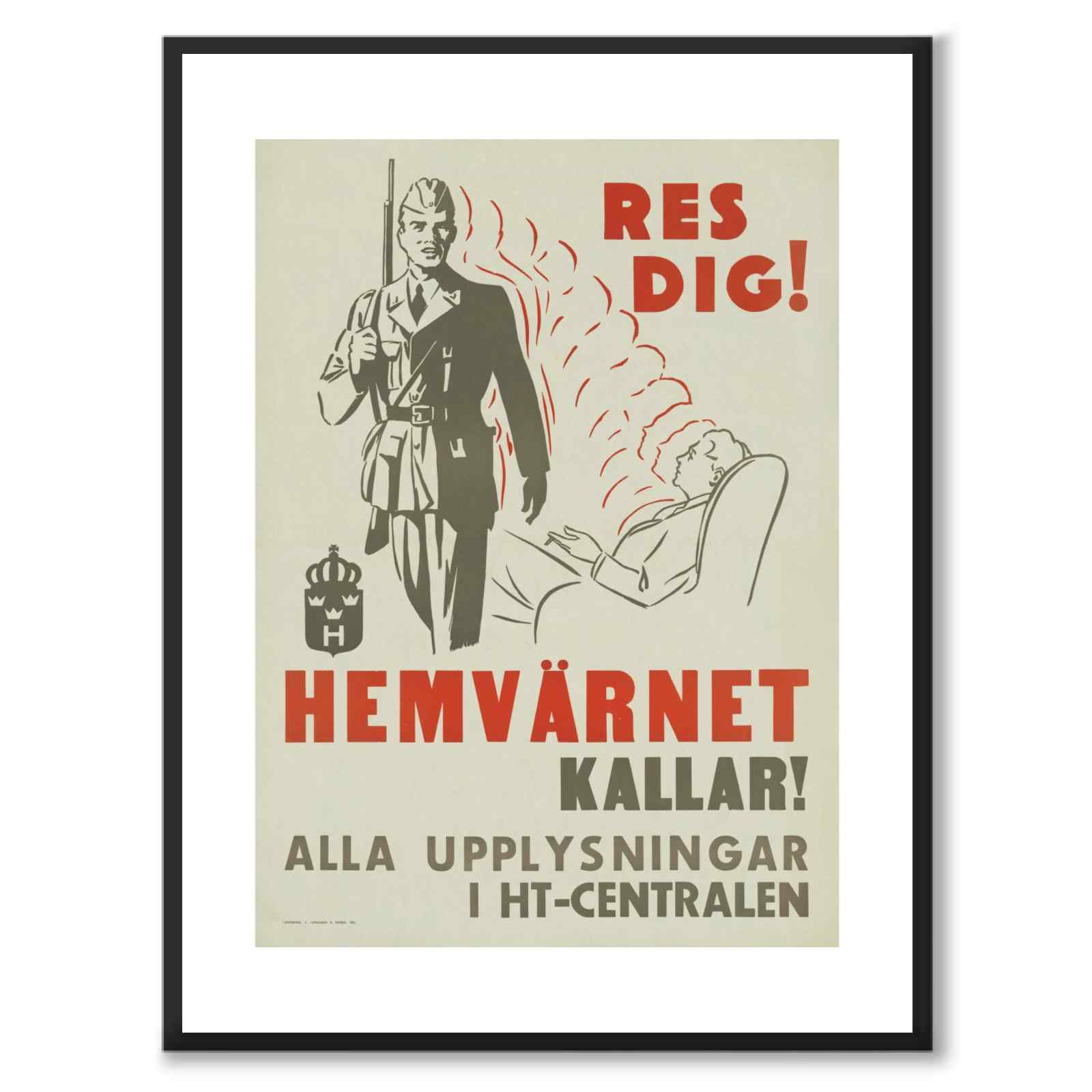 Hemvärnet kallar som vintageillustration och poster från Historly – med vit kant utan titel