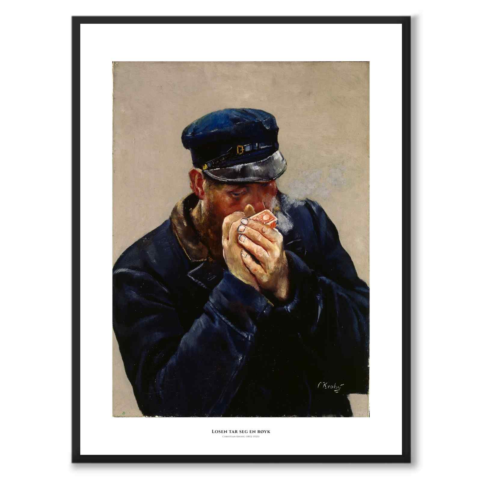 Losen tar seg en røyke as an art poster from Historly – with white border and title