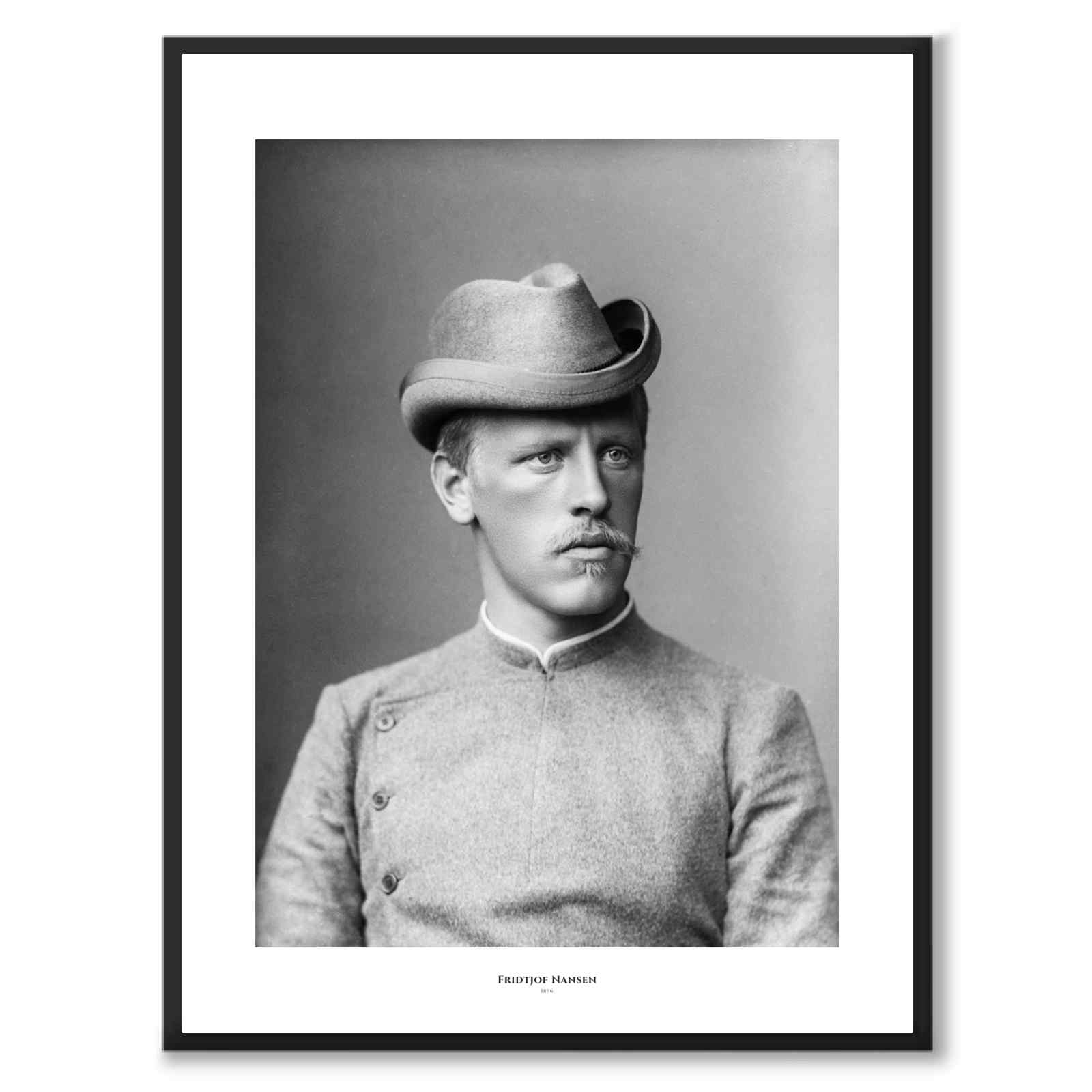 Fridtjof Nansen som historiskt fotografi och poster från Historly – med vit kant och titel