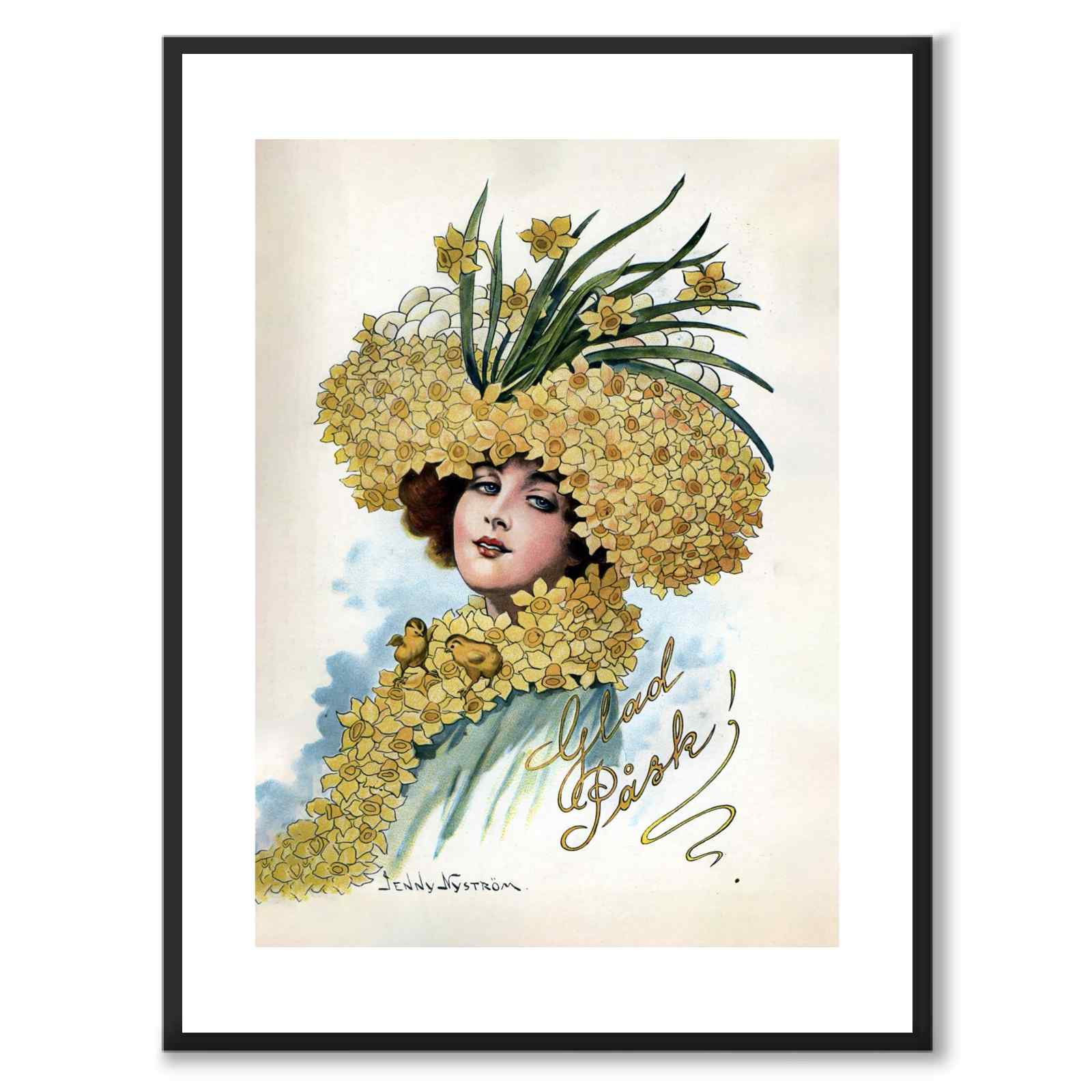 Glad Påsk! av Jenny Nyström som vintageillustration och poster från Historly – med vit kant utan titel