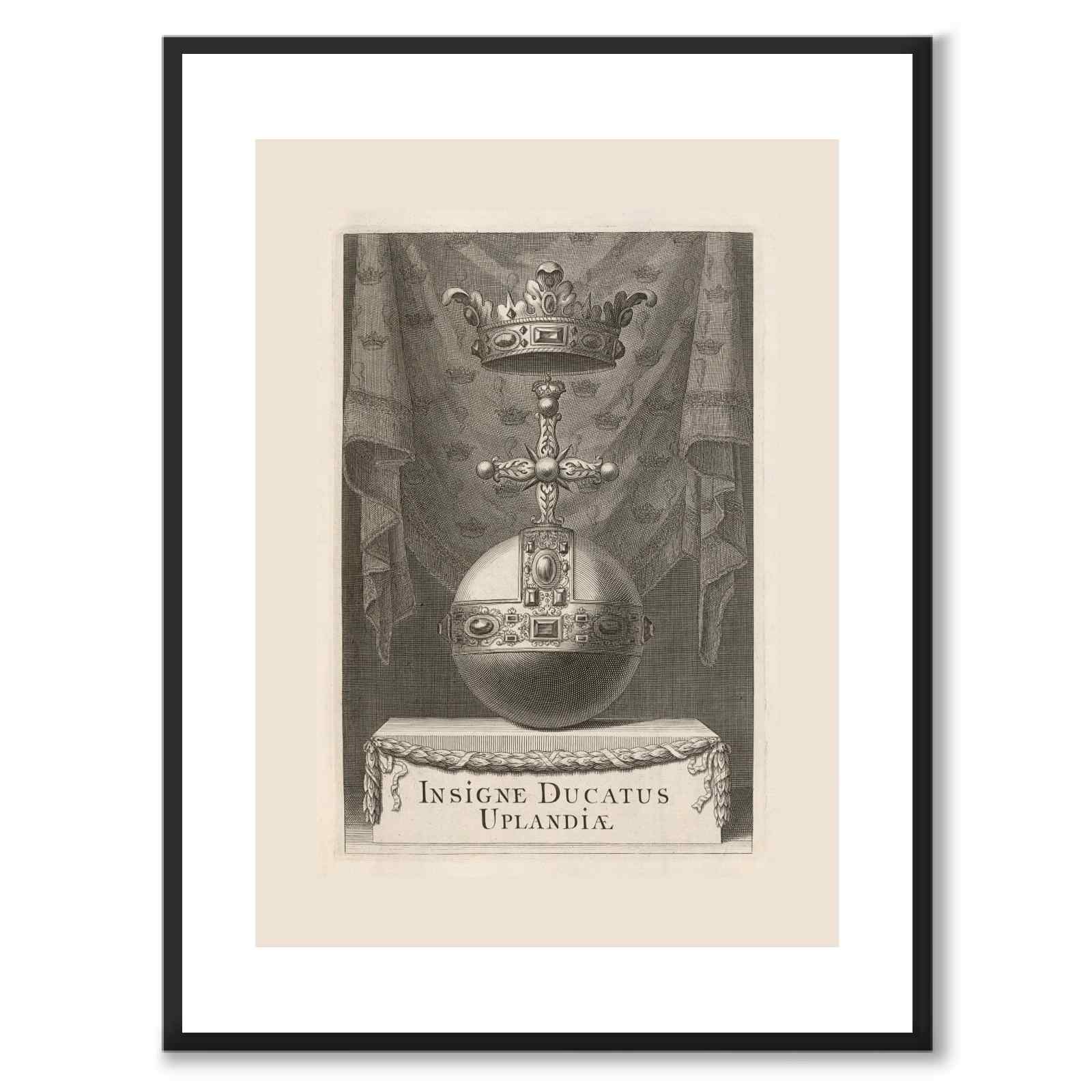 The coat of arms of Uppland as a vintage illustration and poster from Historly – with white border without title