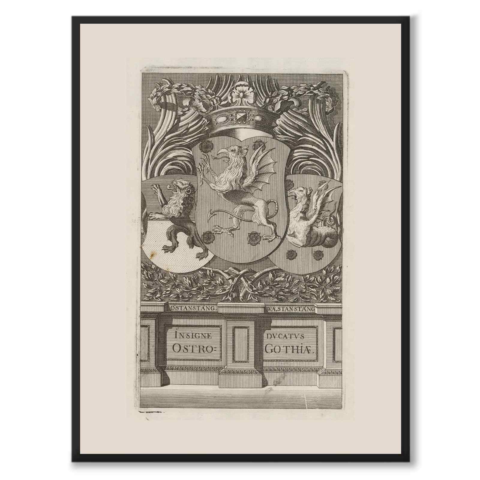 Östergötlands landskapsvapen som vintageillustration och poster från Historly – helbild utan vit kant