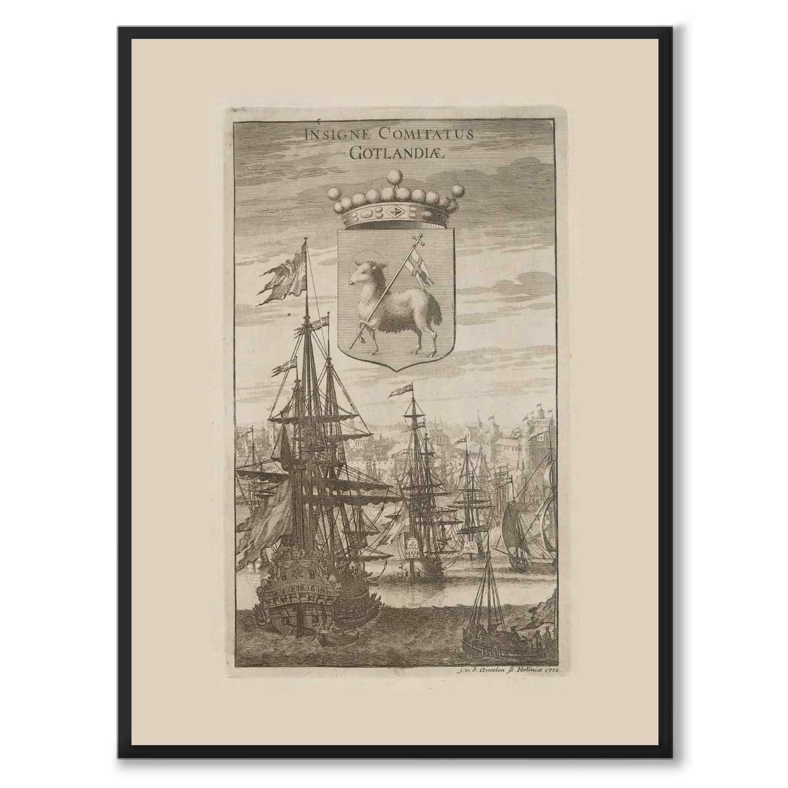 Gotlands landskapsvapen som vintageillustration och poster från Historly – helbild utan vit kant