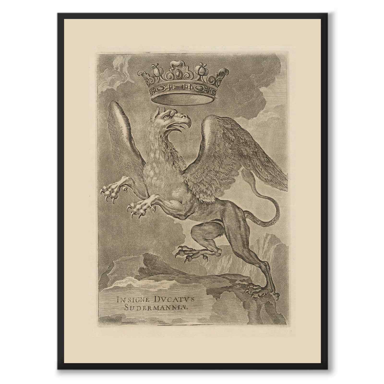 Södermanlands landskapsvapen som vintageillustration och poster från Historly – helbild utan vit kant