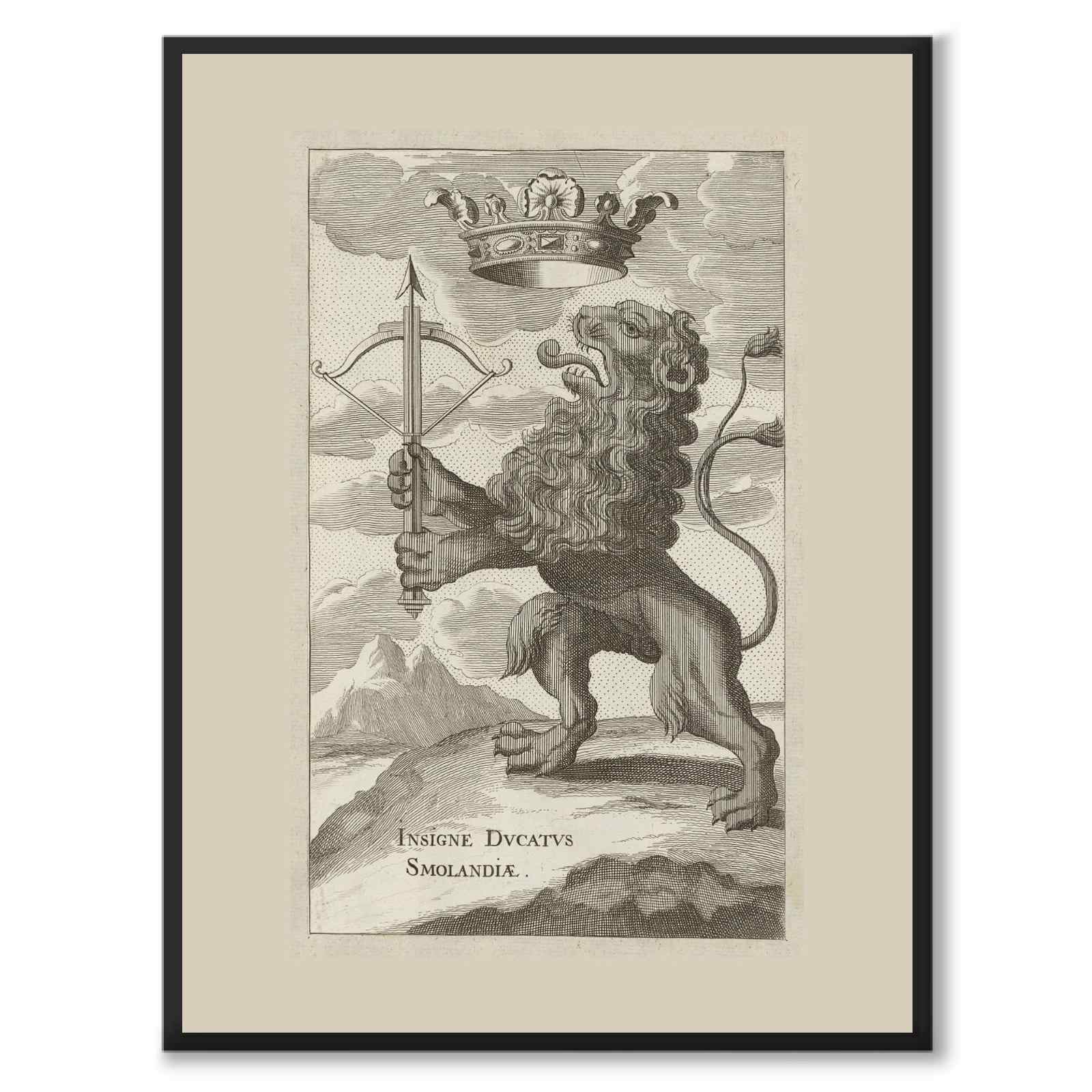 Smålands landskapsvapen som vintageillustration och poster från Historly – helbild utan vit kant