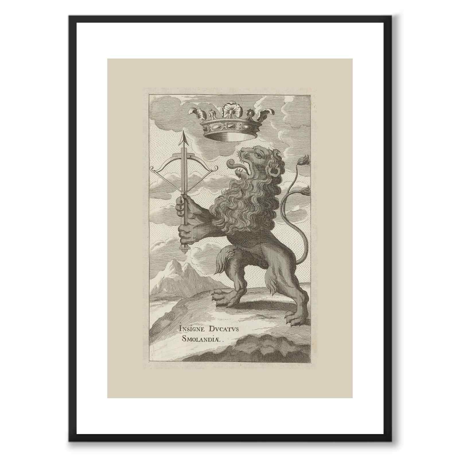 Smålands landskapsvapen som vintageillustration och poster från Historly – med vit kant utan titel