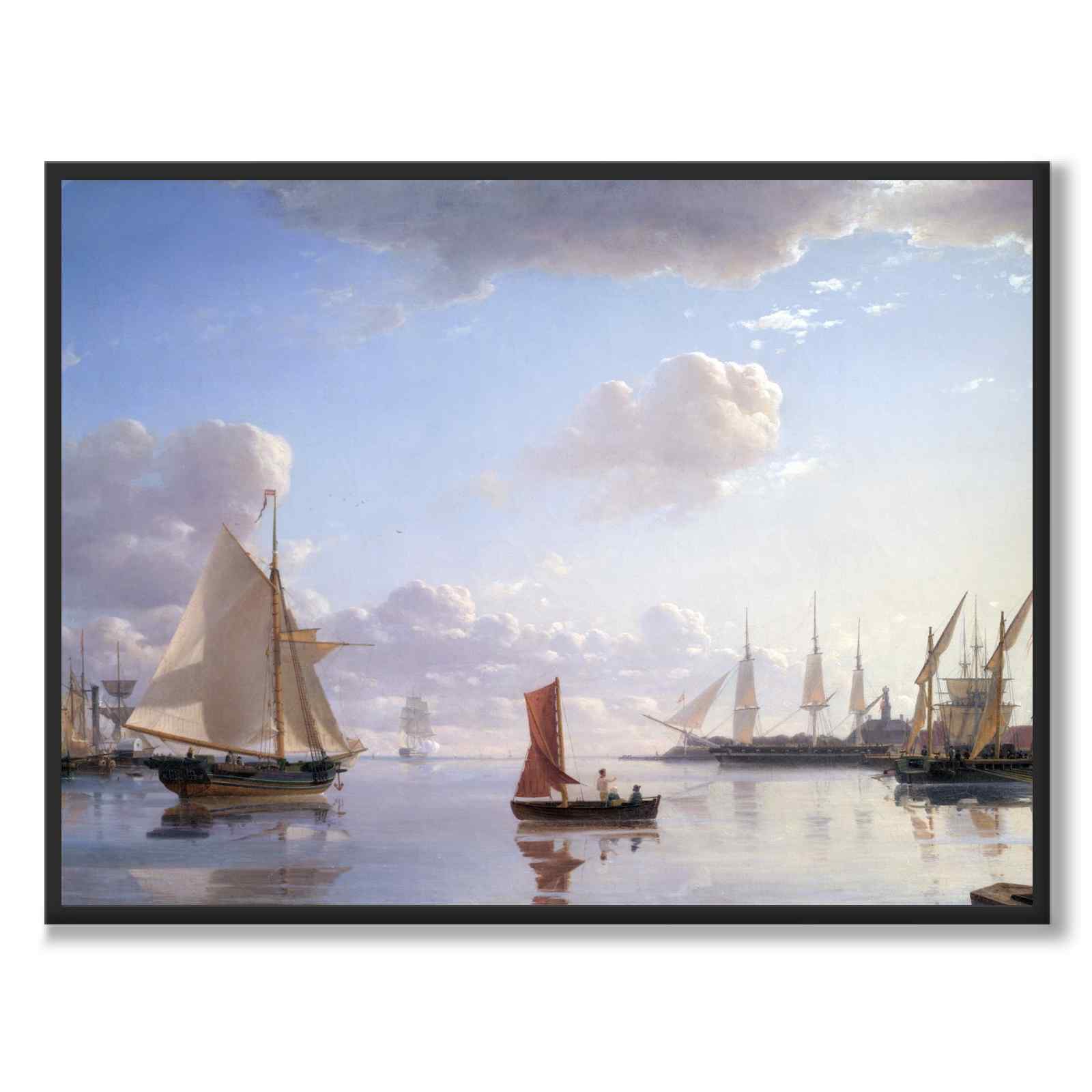 Udsigt fra Langelinie mod Nyholm med Mastekranen. Morgenbelysning af Emanuel Larsen som plakat – helbillede