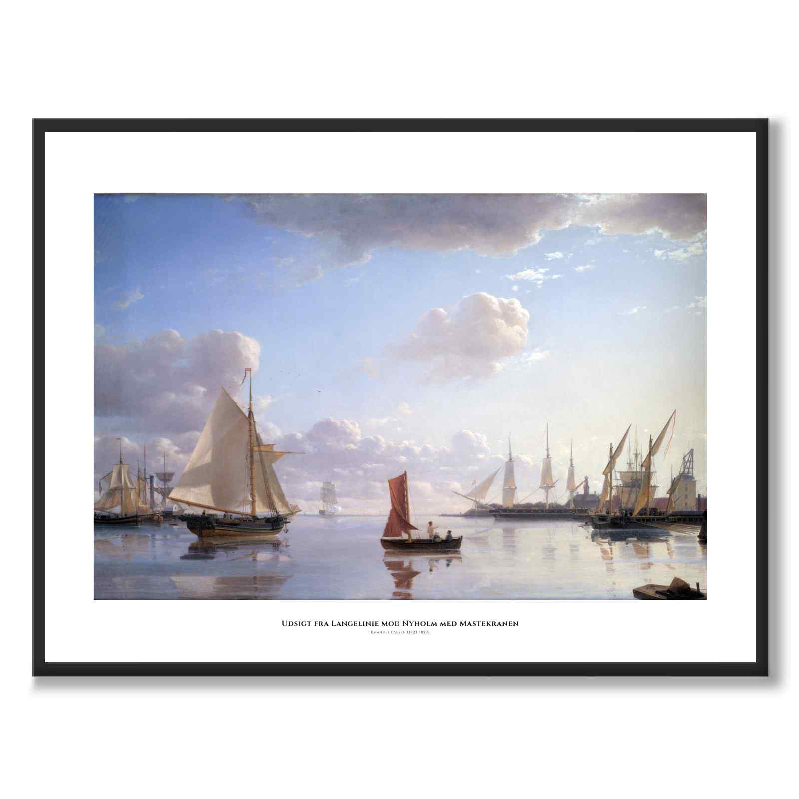 Udsigt fra Langelinie mod Nyholm med Mastekranen. Morgenbelysning af Emanuel Larsen som plakat – hvid kant & titel