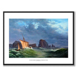 A Shetland fishing boat in stormy weather north of the Orkney Islands by Anton Melbye as a poster – white border & title