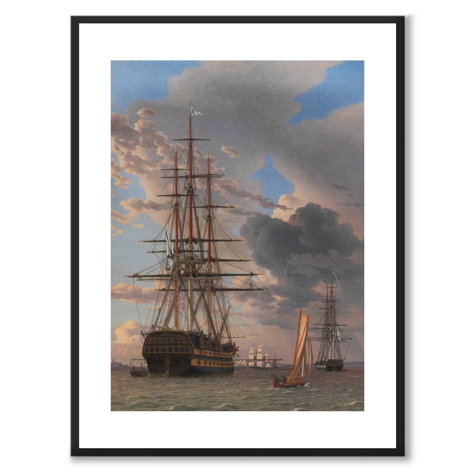 Det russiske linjeskib "Asow" og en fregat for anker på Helsingørs red af C.W. Eckersberg som plakat – hvid kant
