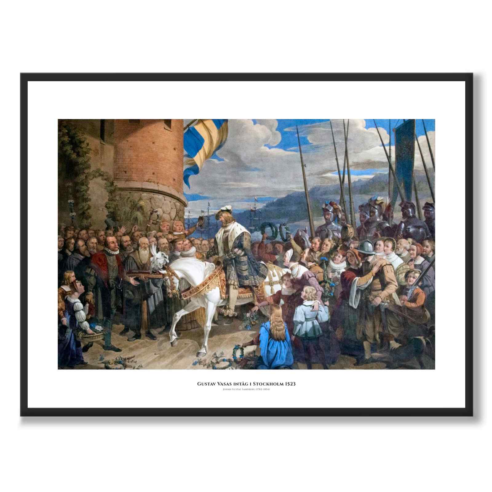 Gustav Vasas intåg i Stockholm 1523 som historisk Stockholmsposter från Historly – med vit kant och titel