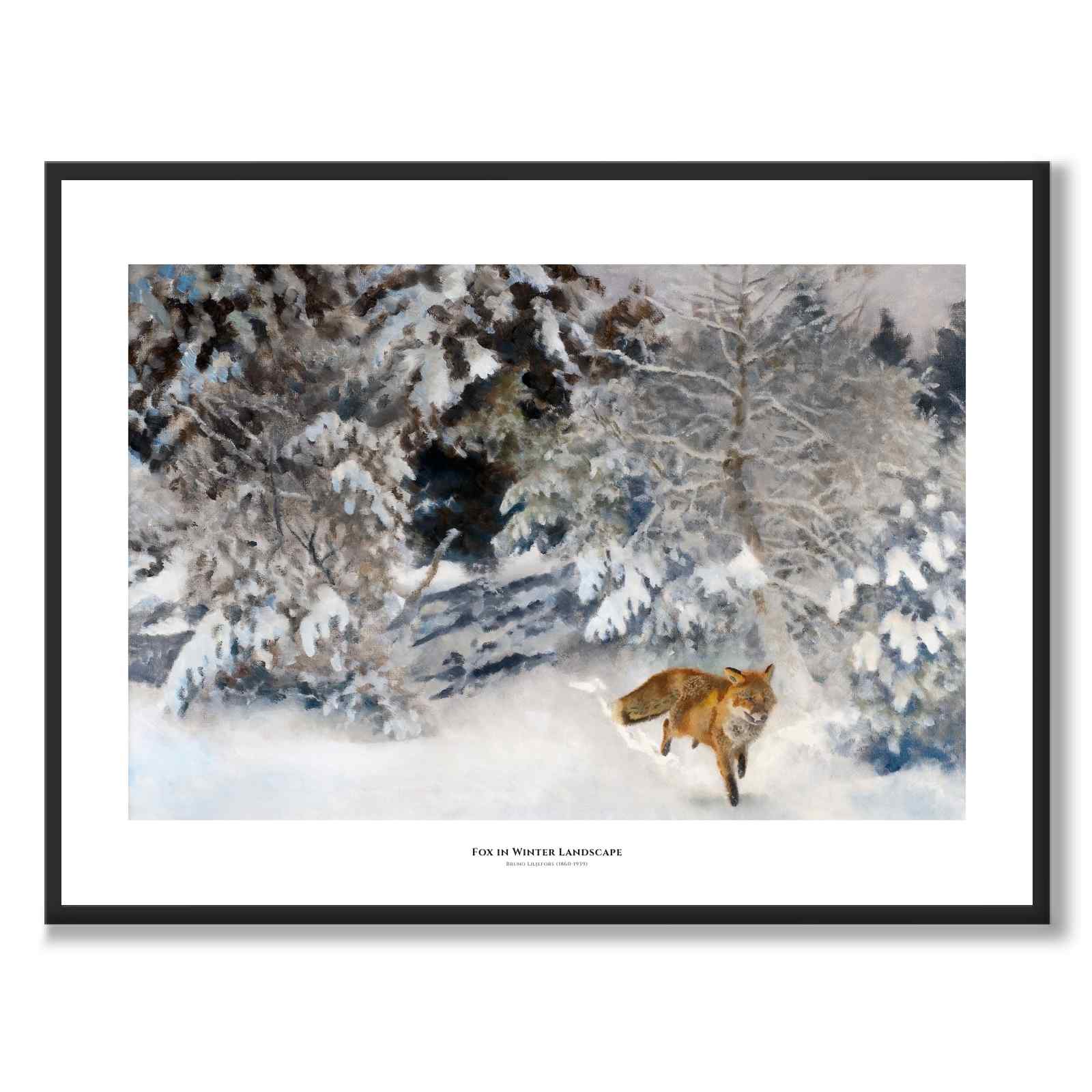 Fox in Winter Landscape av Bruno Liljefors som konstposter från Historly – med vit kant och titel