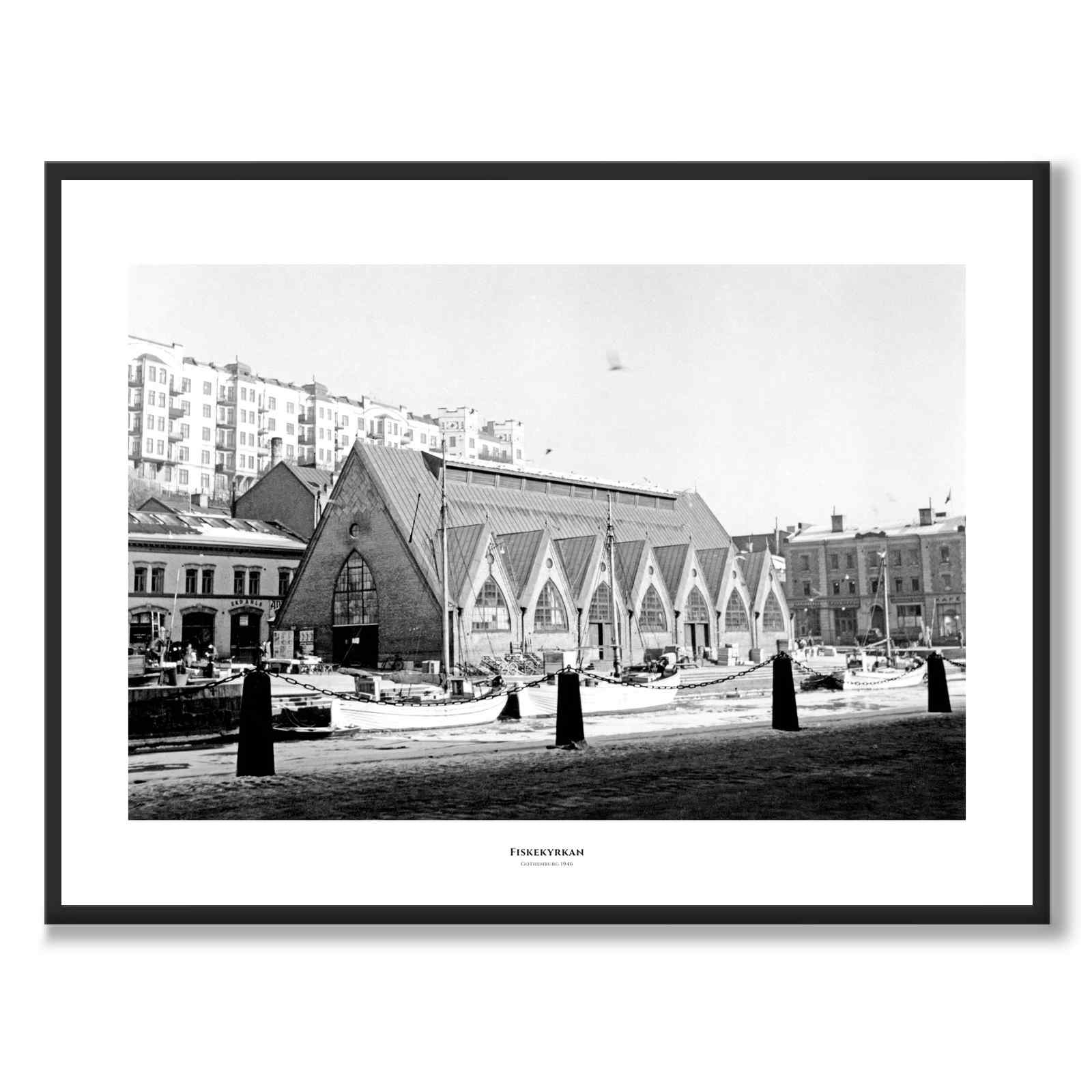 Fiskekyrkan som historisk Göteborgsposter från Historly – med vit kant och titel