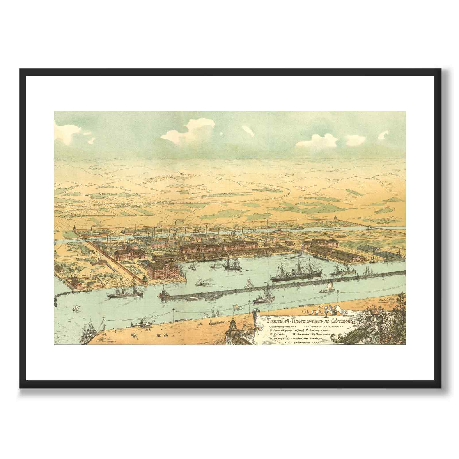 Frihamnen 1894 som historisk Göteborgsposter från Historly – med vit kant utan titel