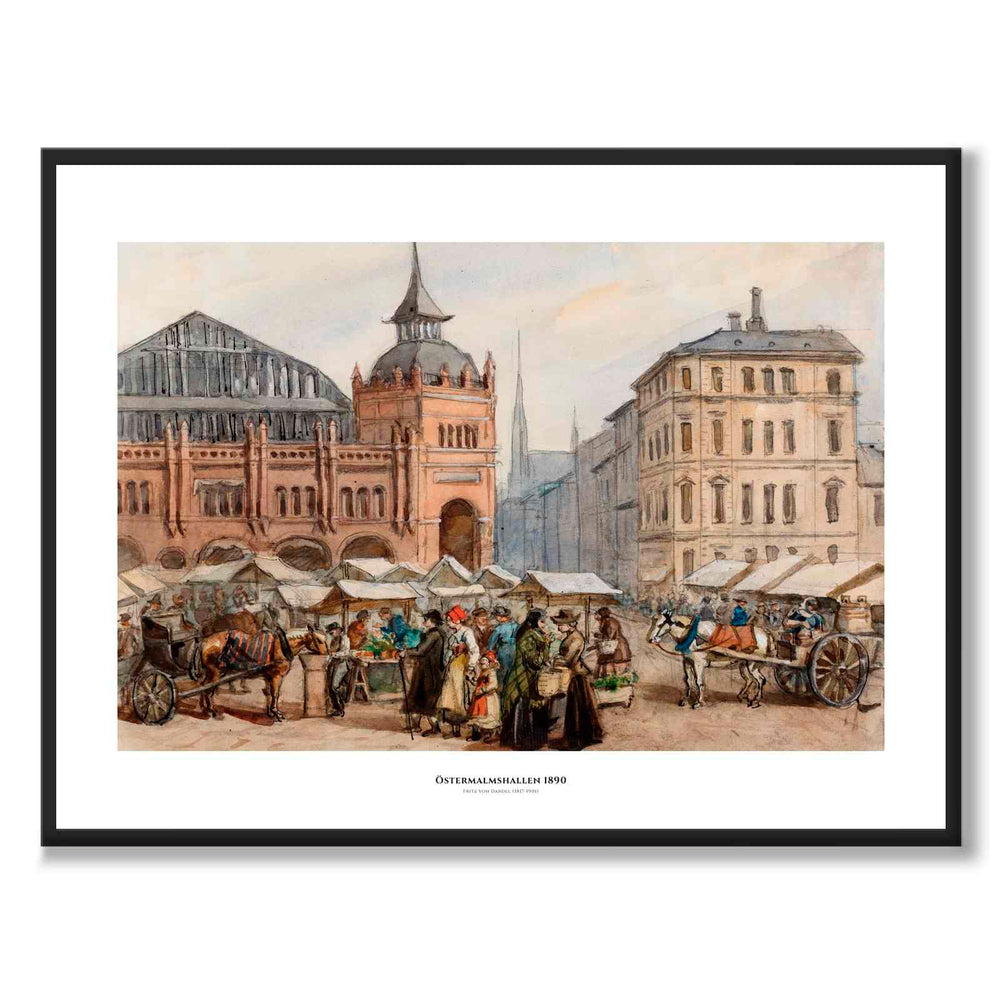 Östermalmshallen 1890 som historisk Stockholmsposter från Historly – med vit kant och titel