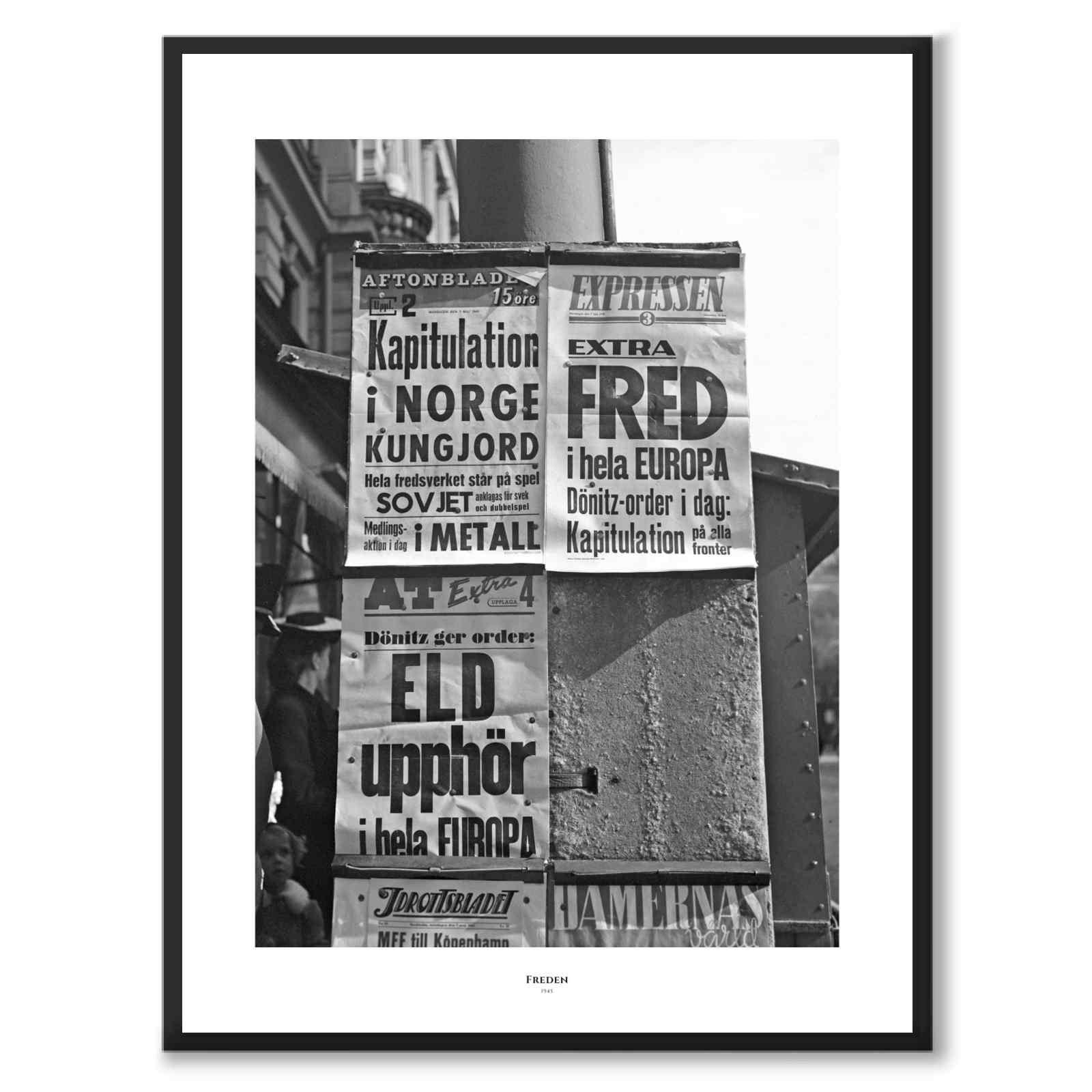 Freden 1945 som historiskt fotografi och poster från Historly – med vit kant och titel